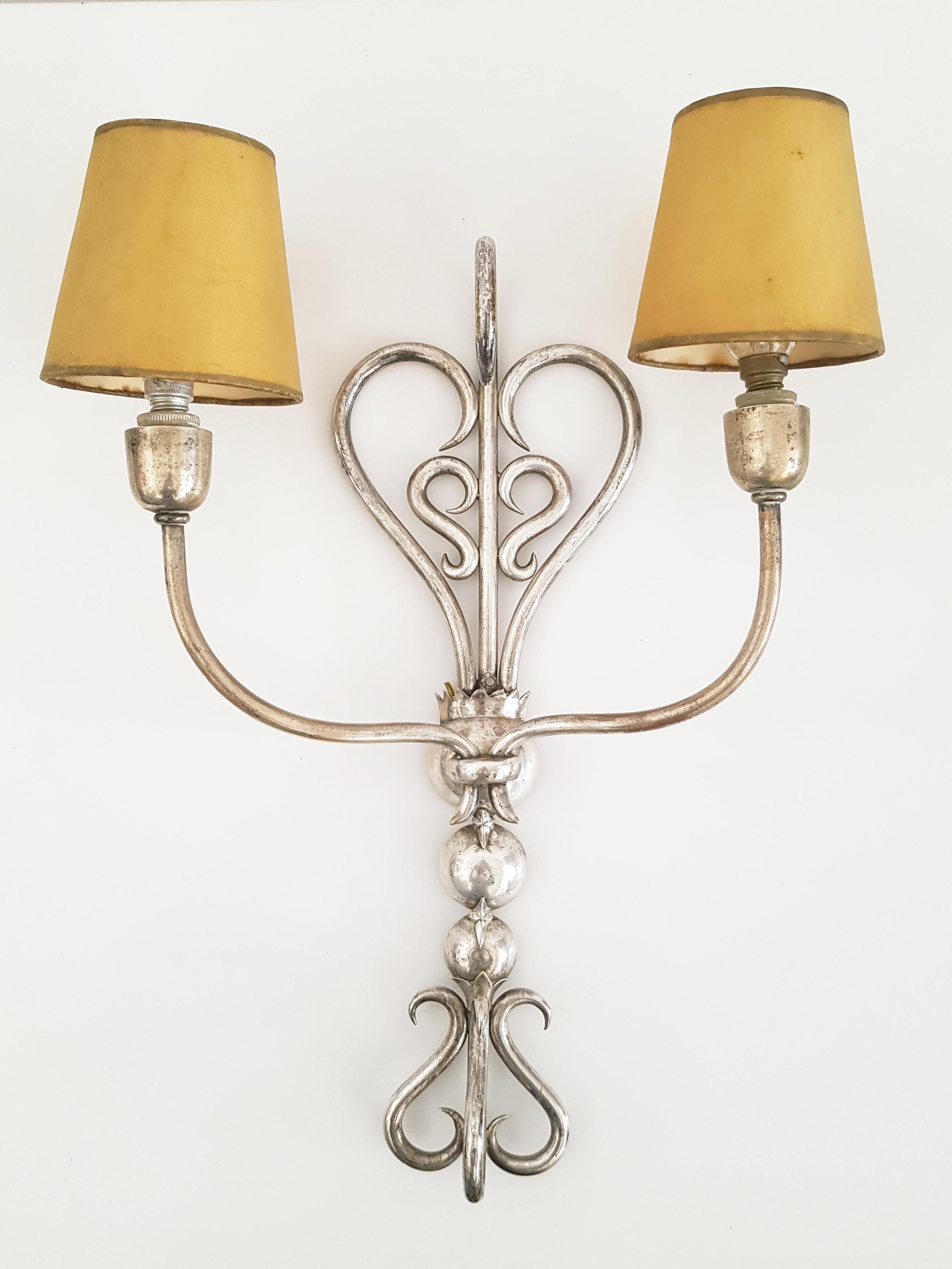 Art Deco Italian Silver Plated Brass Deco 2-Lights Sconces For Sale