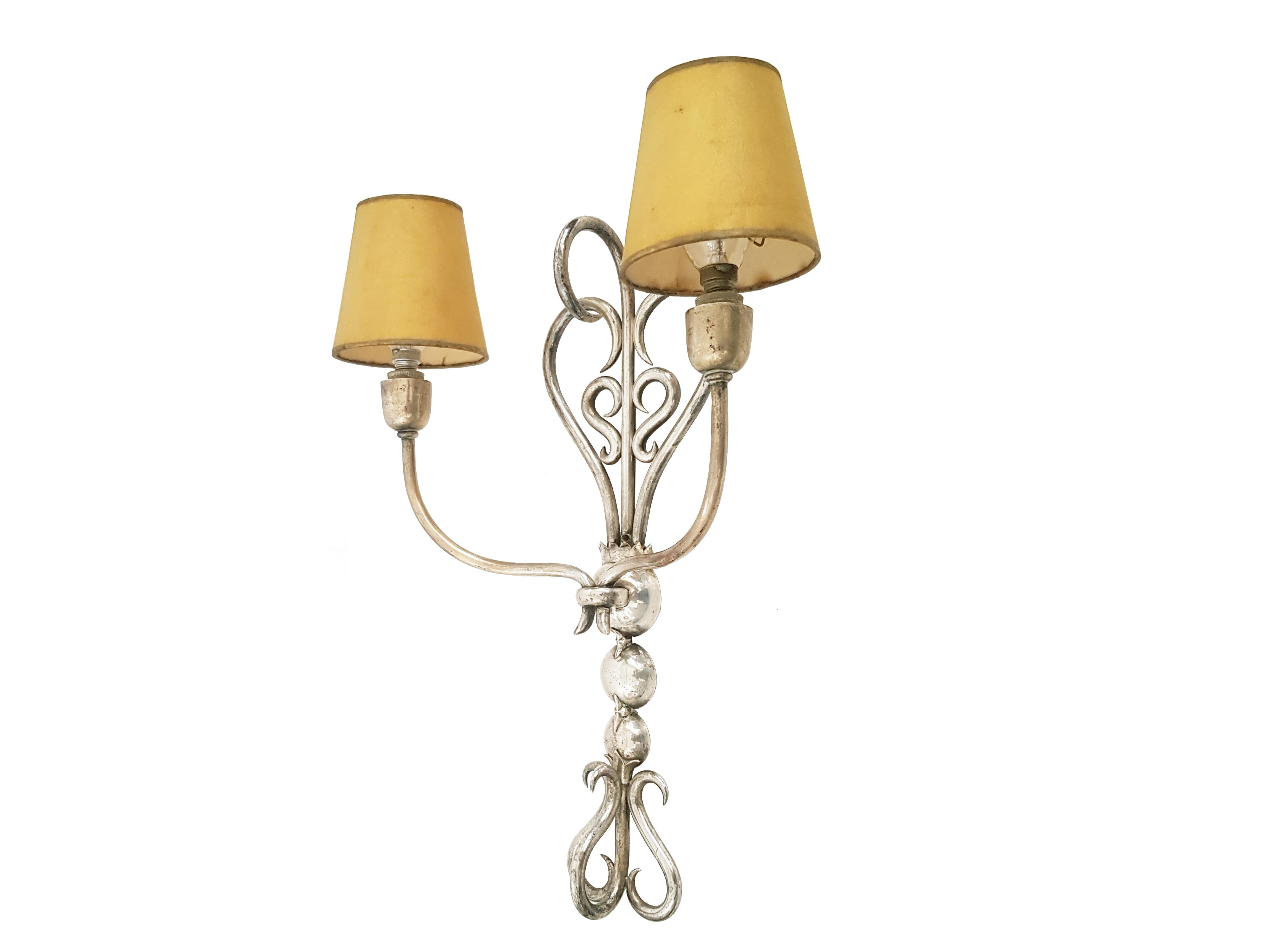 Welded Italian Silver Plated Brass Deco 2-Lights Sconces For Sale