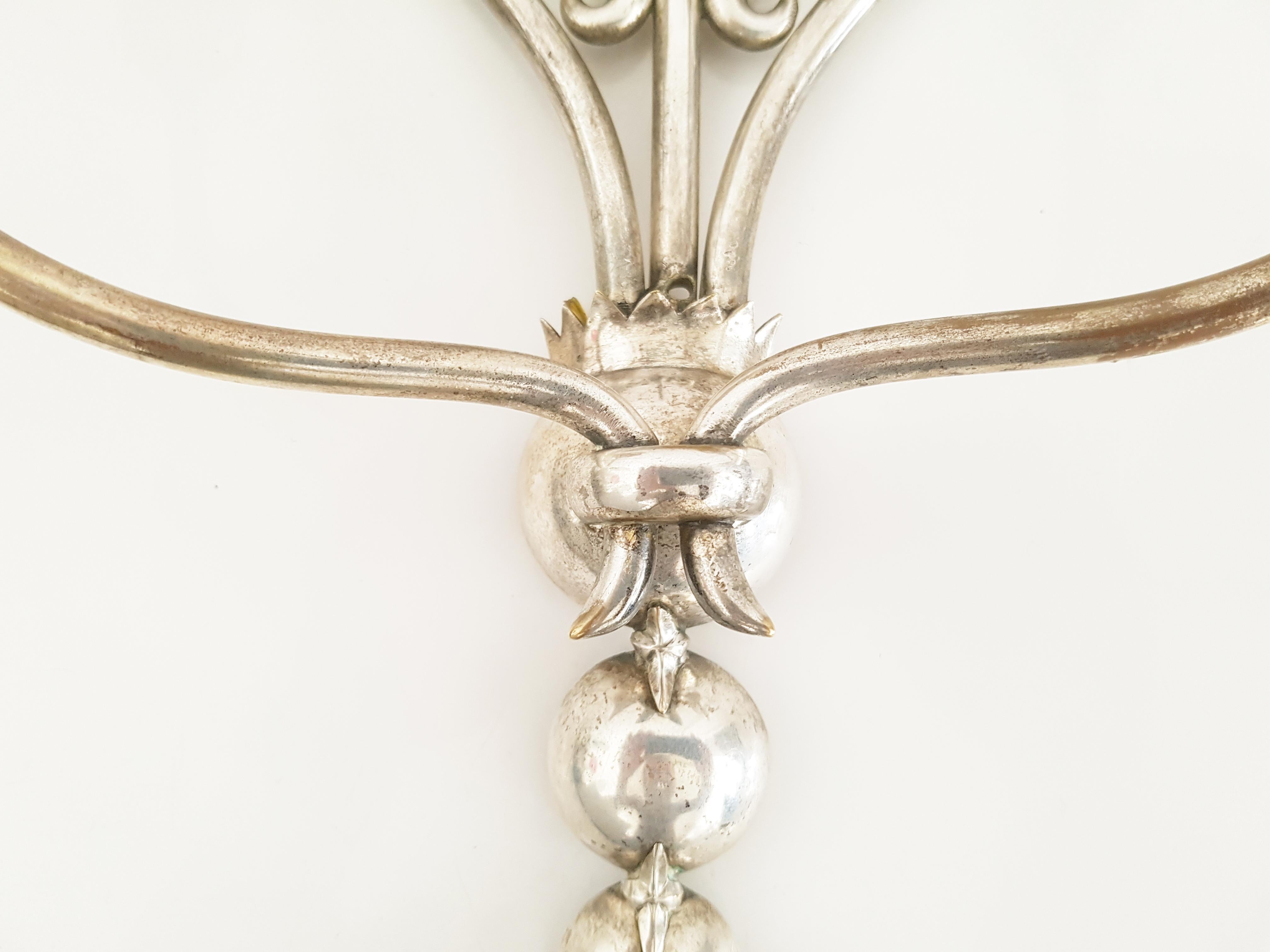 Mid-20th Century Italian Silver Plated Brass Deco 2-Lights Sconces For Sale