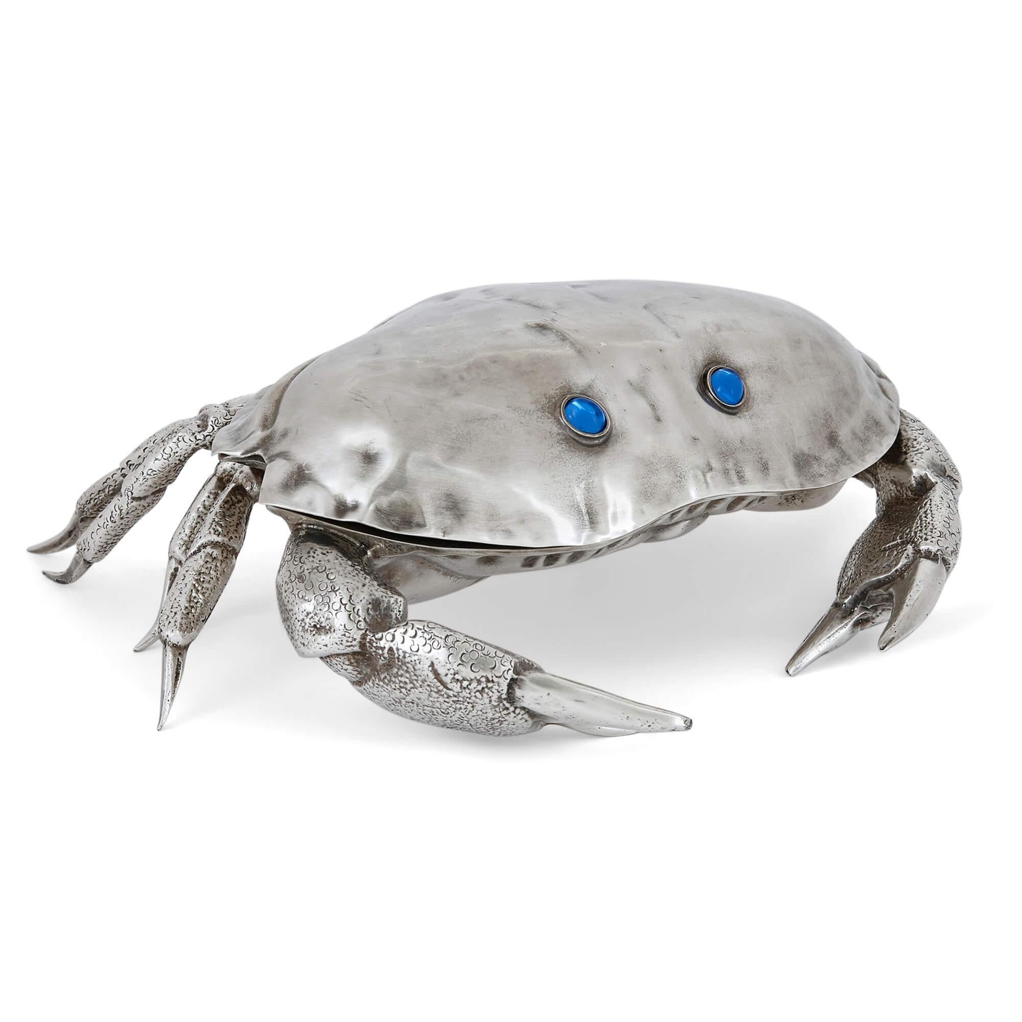 Italian silver-plated crab-form caviar dish attributed to Franco Lapini
Italian, c. 1970
Height 9cm, width 26cm, depth 24cm

This sensational caviar dish takes the form of a large crab, and is a wonderfully quirky collector’s item. Expert