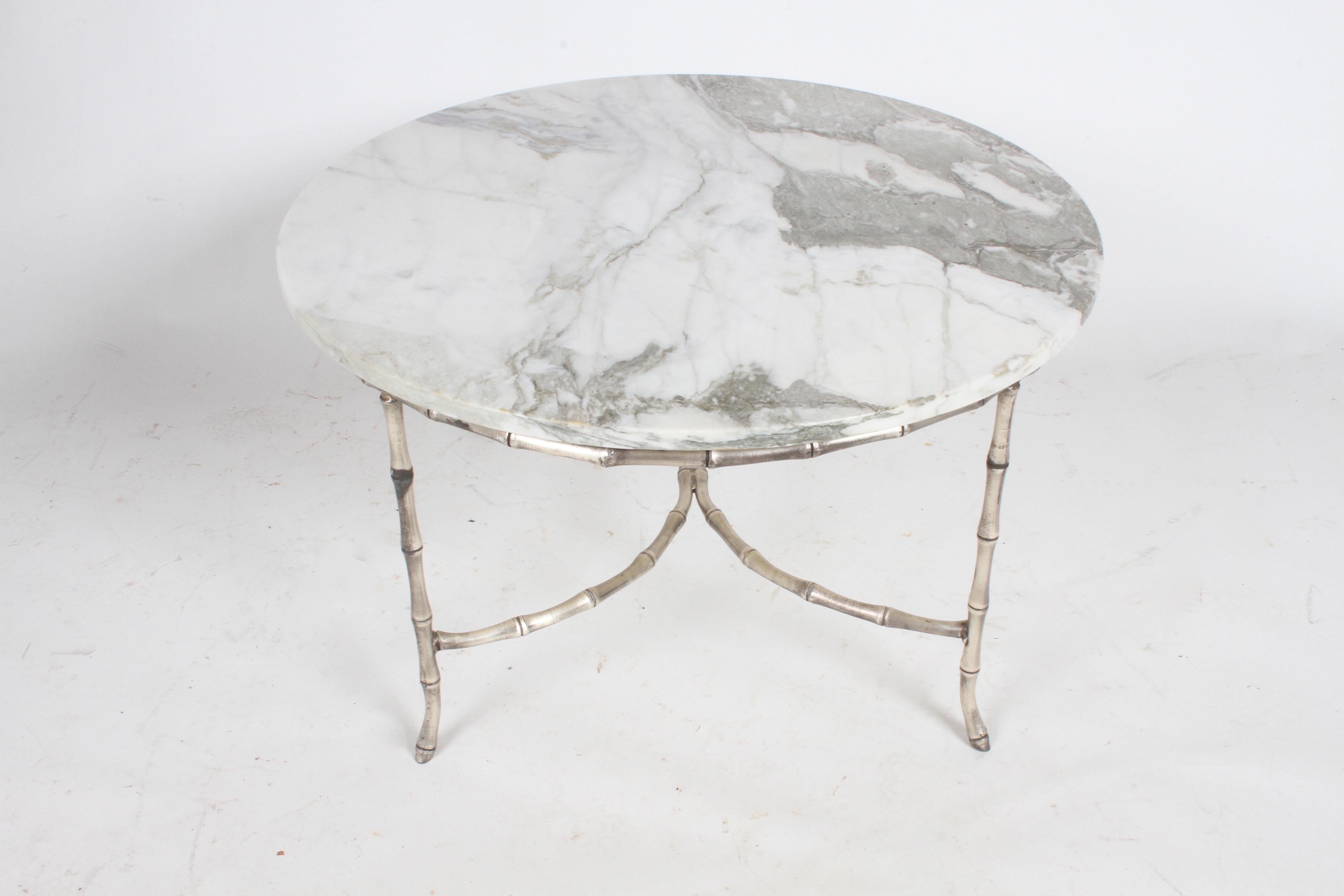 Hollywood Regency Italian Silver Plated Faux Bamboo Marble Top Coffee or Side Table For Sale