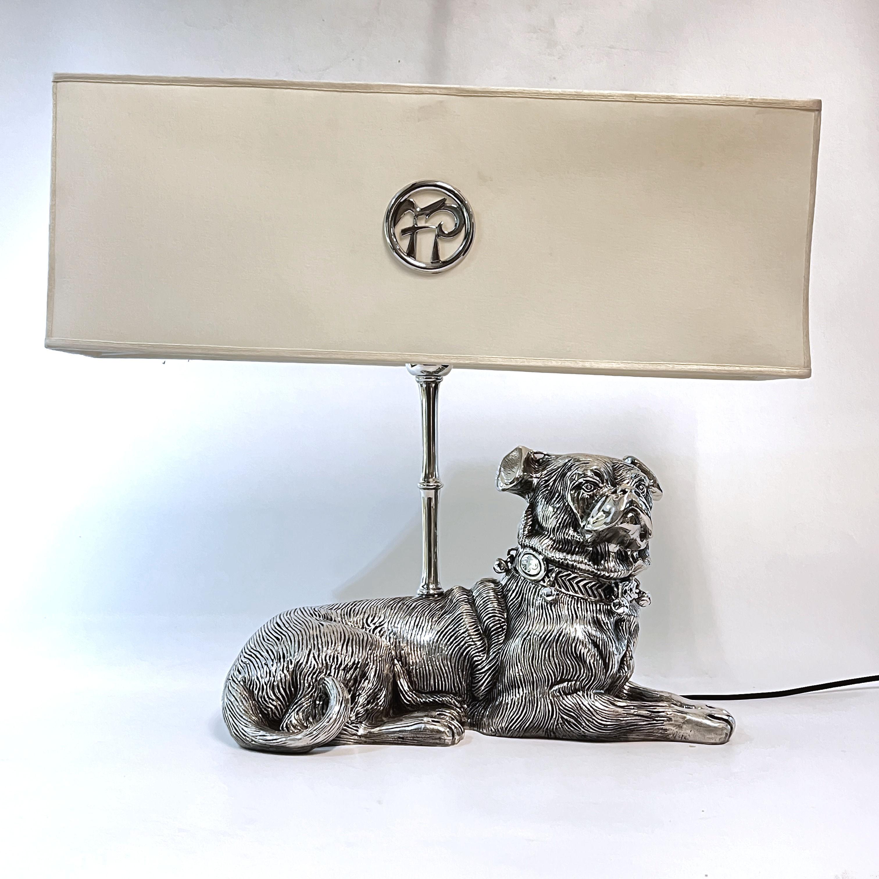 Silvered Italian Silver-Plated Pug Table Lamp For Sale