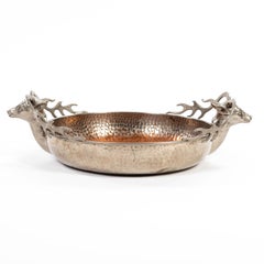 Italian Silver-Plated Vintage Bowl with Stag Handles in the Style of Gucci 1970s