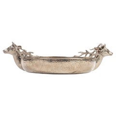 Italian Silver-Plated Vintage Bowl with Stag Handles in the Style of Gucci 1970s