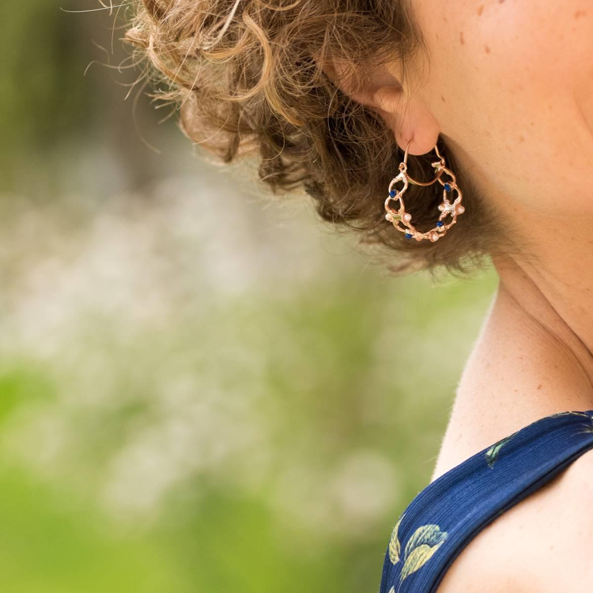 Etruscan Revival Italian Silver Rose Gold Hoop Earrings