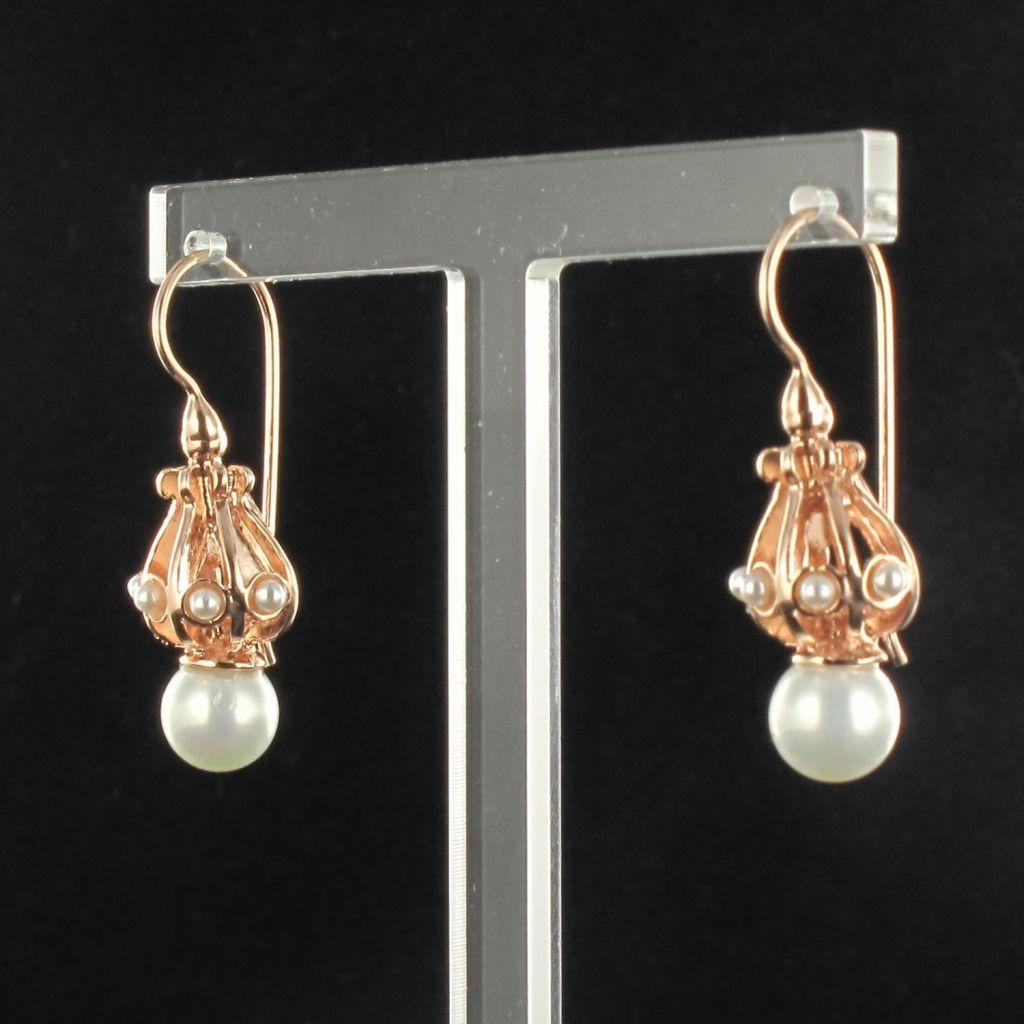 Etruscan Revival Italian Silver, Rose Gold Pearl Drop Earrings