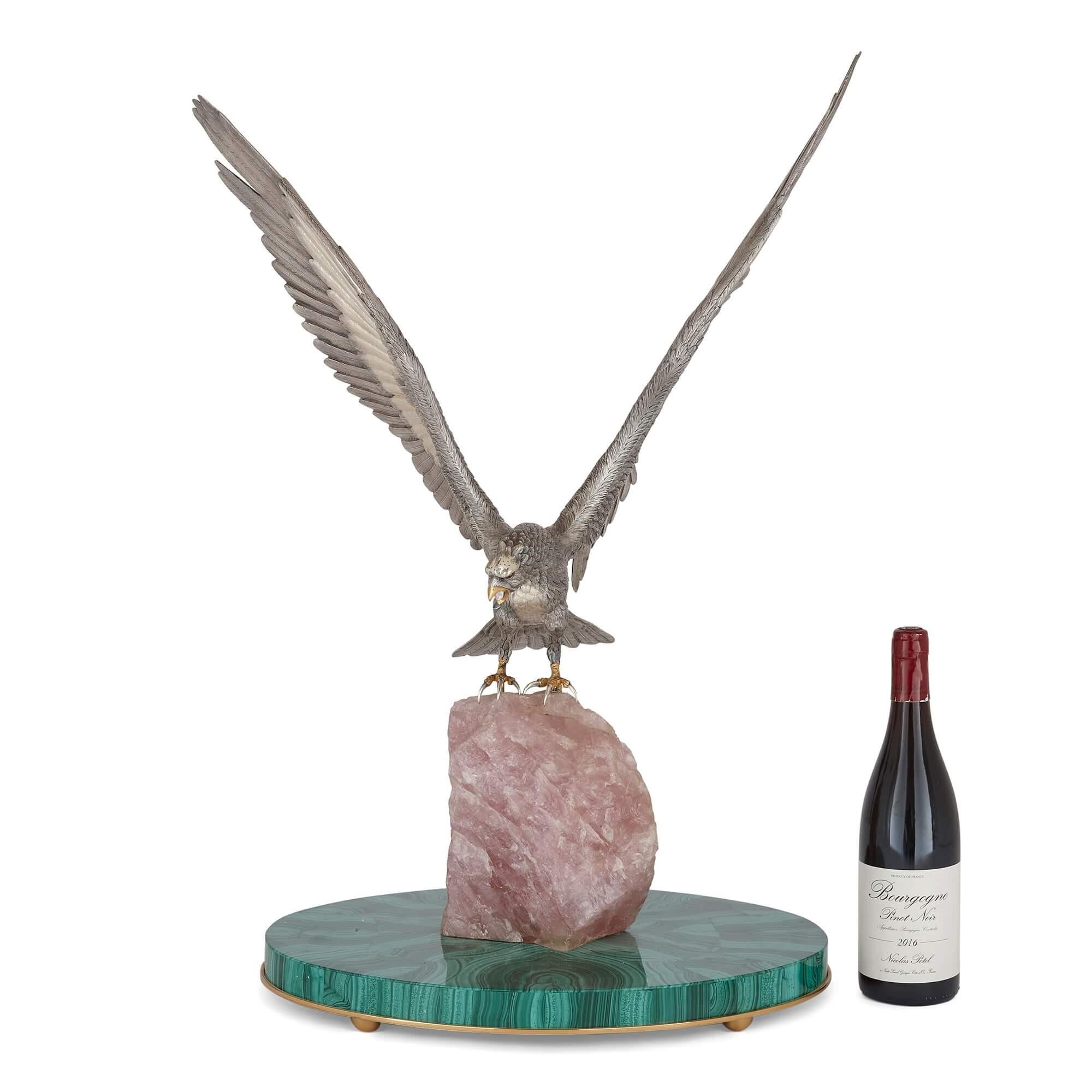 Modelo italiano de águila de plata, cuarzo rosa y malaquita de Cervone en venta 3