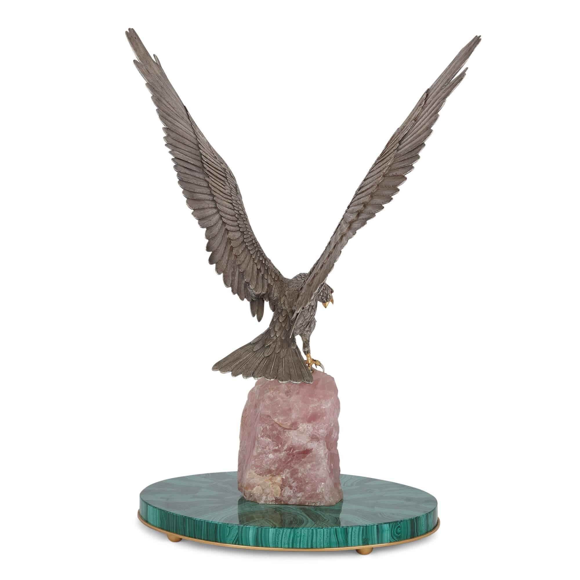 Modelo italiano de águila de plata, cuarzo rosa y malaquita de Cervone en Bueno estado para la venta en London, GB