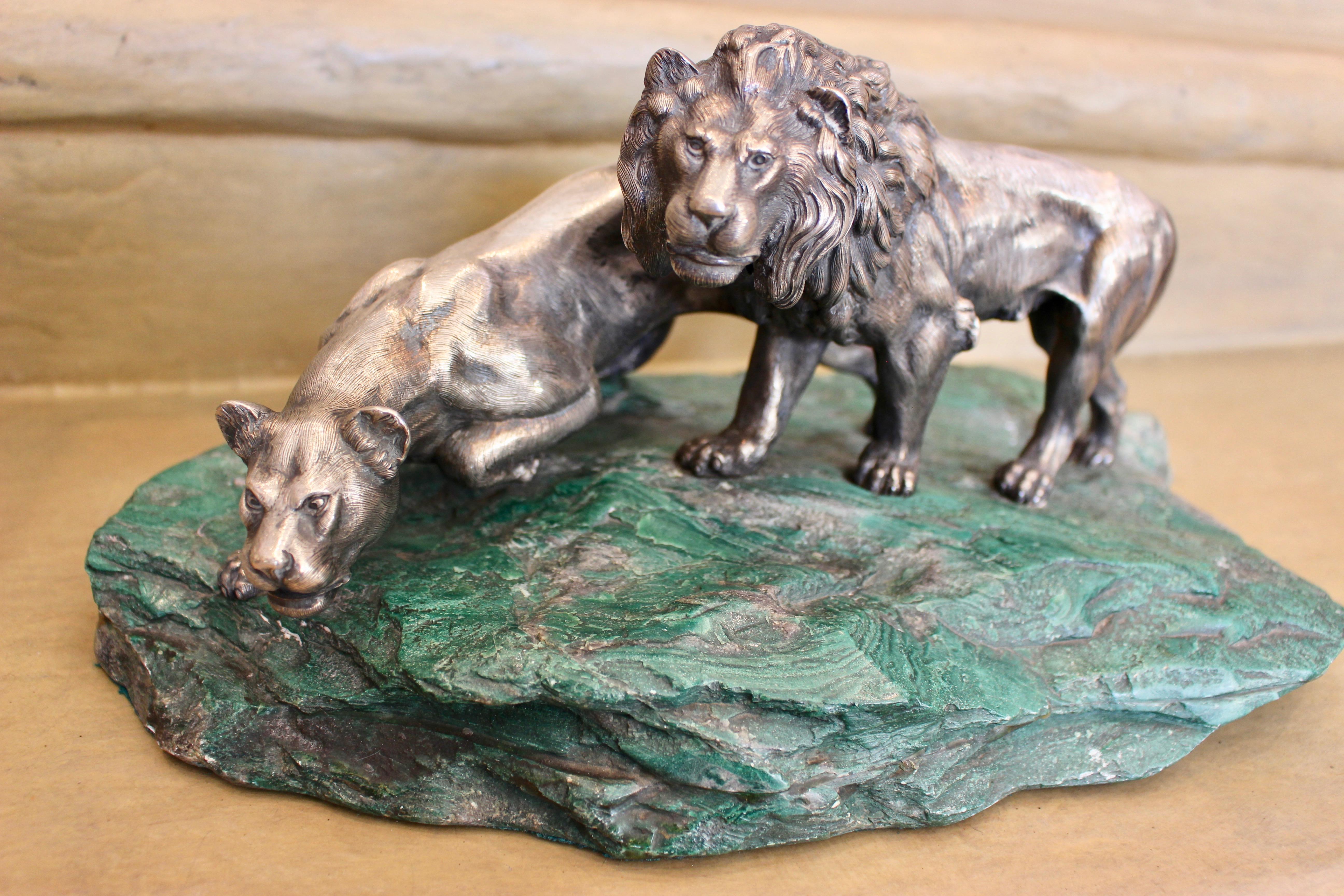 Italian silver sculpture of two lions, circa 1965.