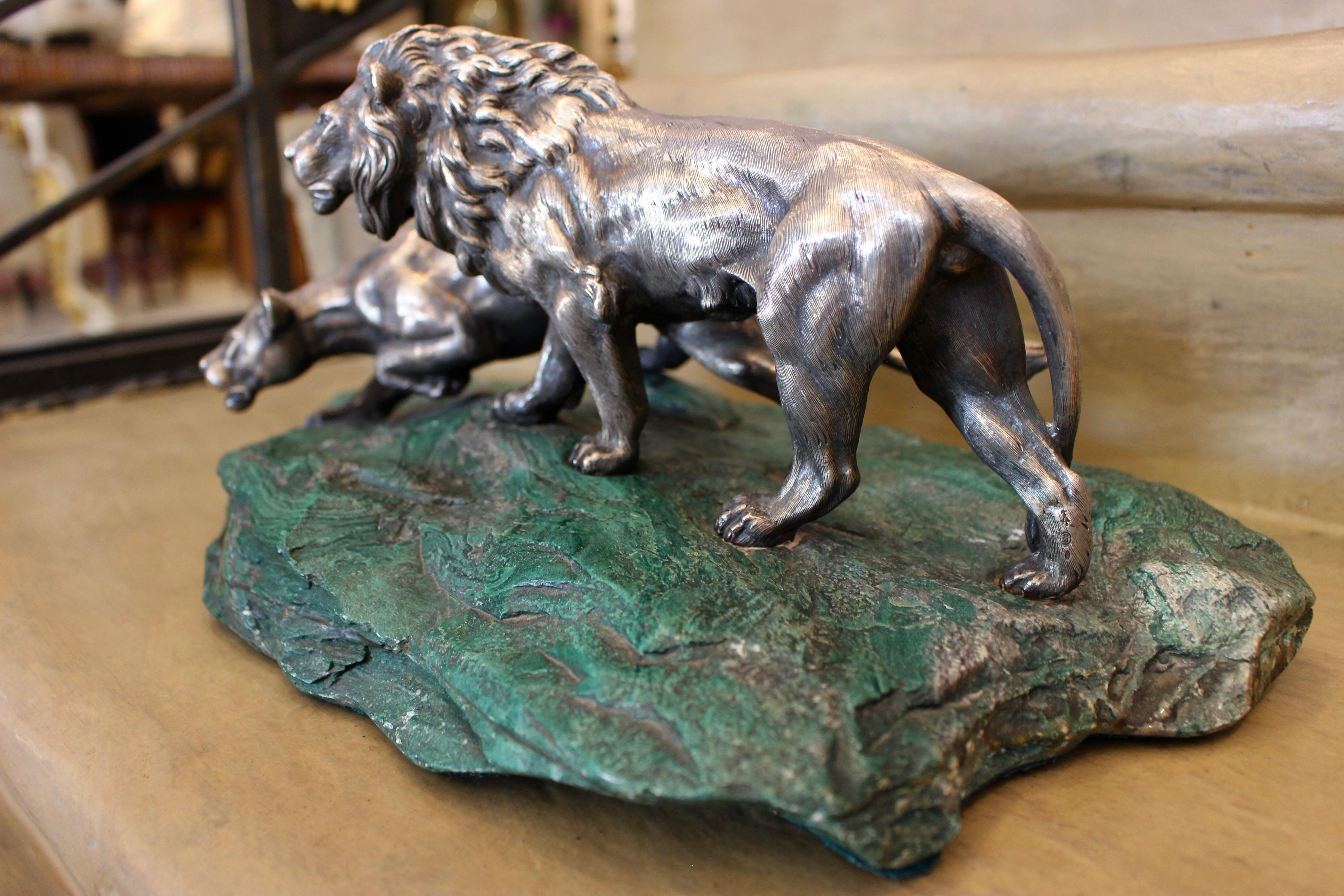 Italian Silver Sculpture of Two Lions, circa 1965 In Good Condition In Palm Desert, CA