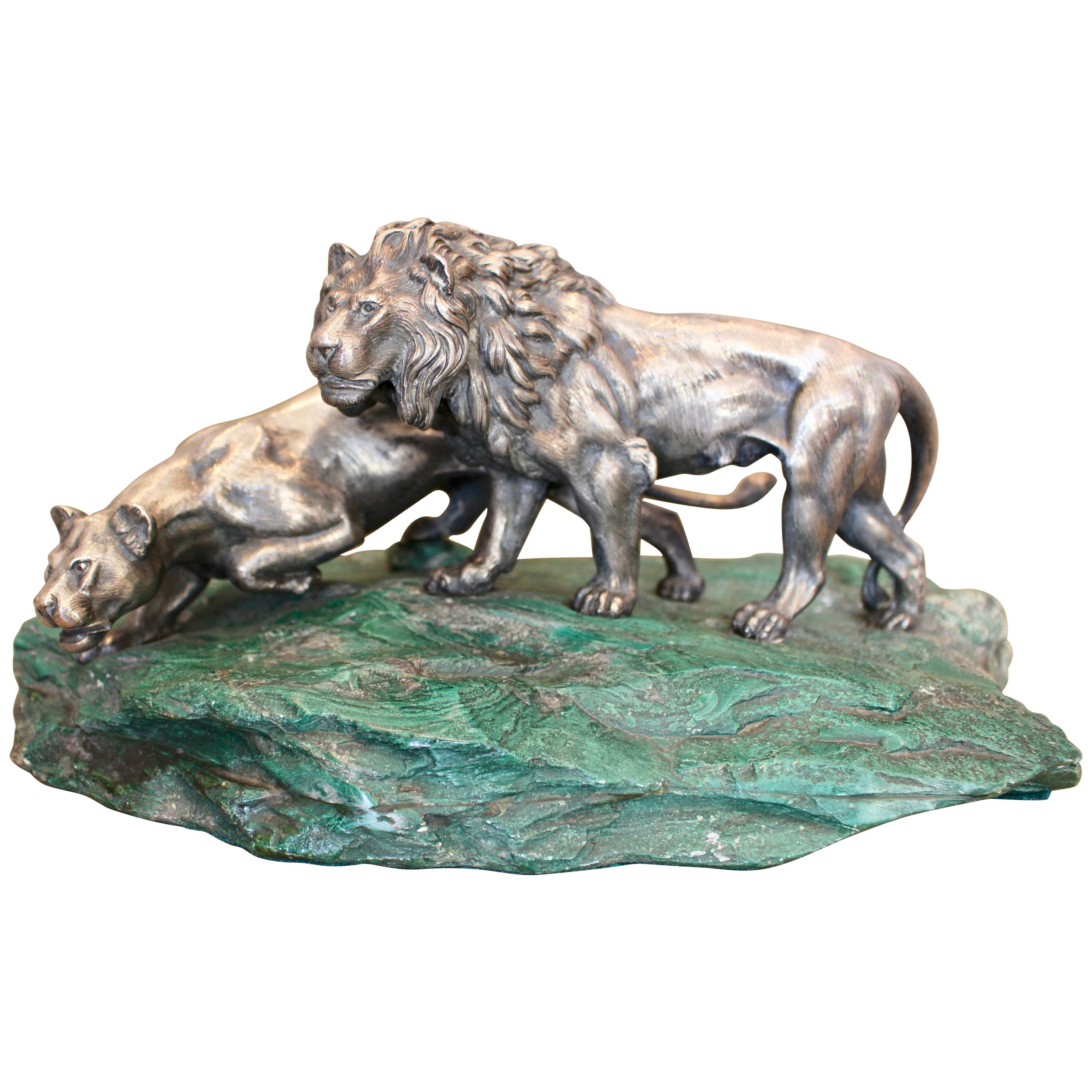 Italian Silver Sculpture of Two Lions, circa 1965