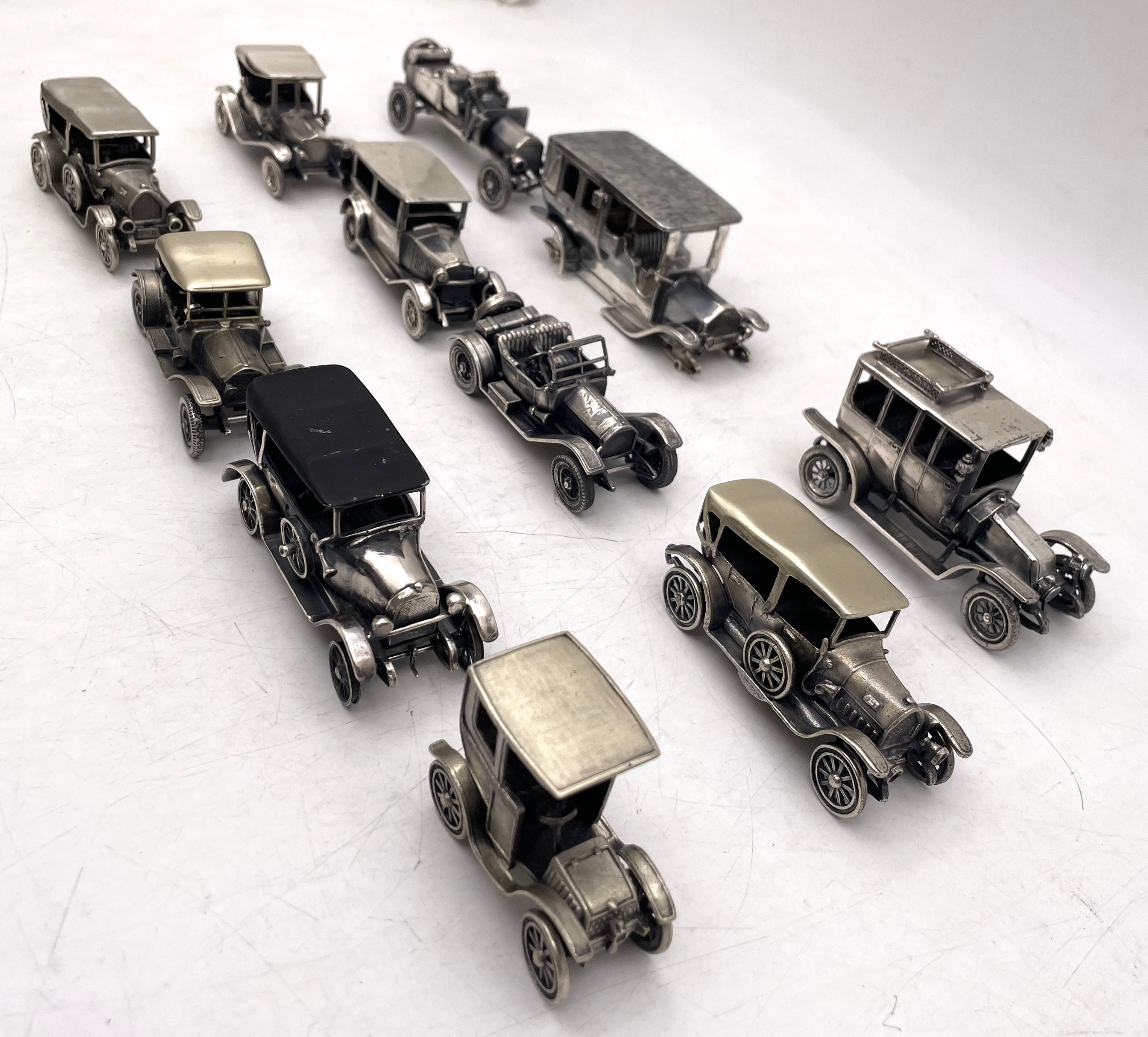 Extraordinary assortment of Italian silver miniature cars (either continental 0.800 or sterling 0.25 silver), rendered with exquisite details and movable parts. This collectible selection consists of 11 cars, whose lengths vary between 2'' and 3