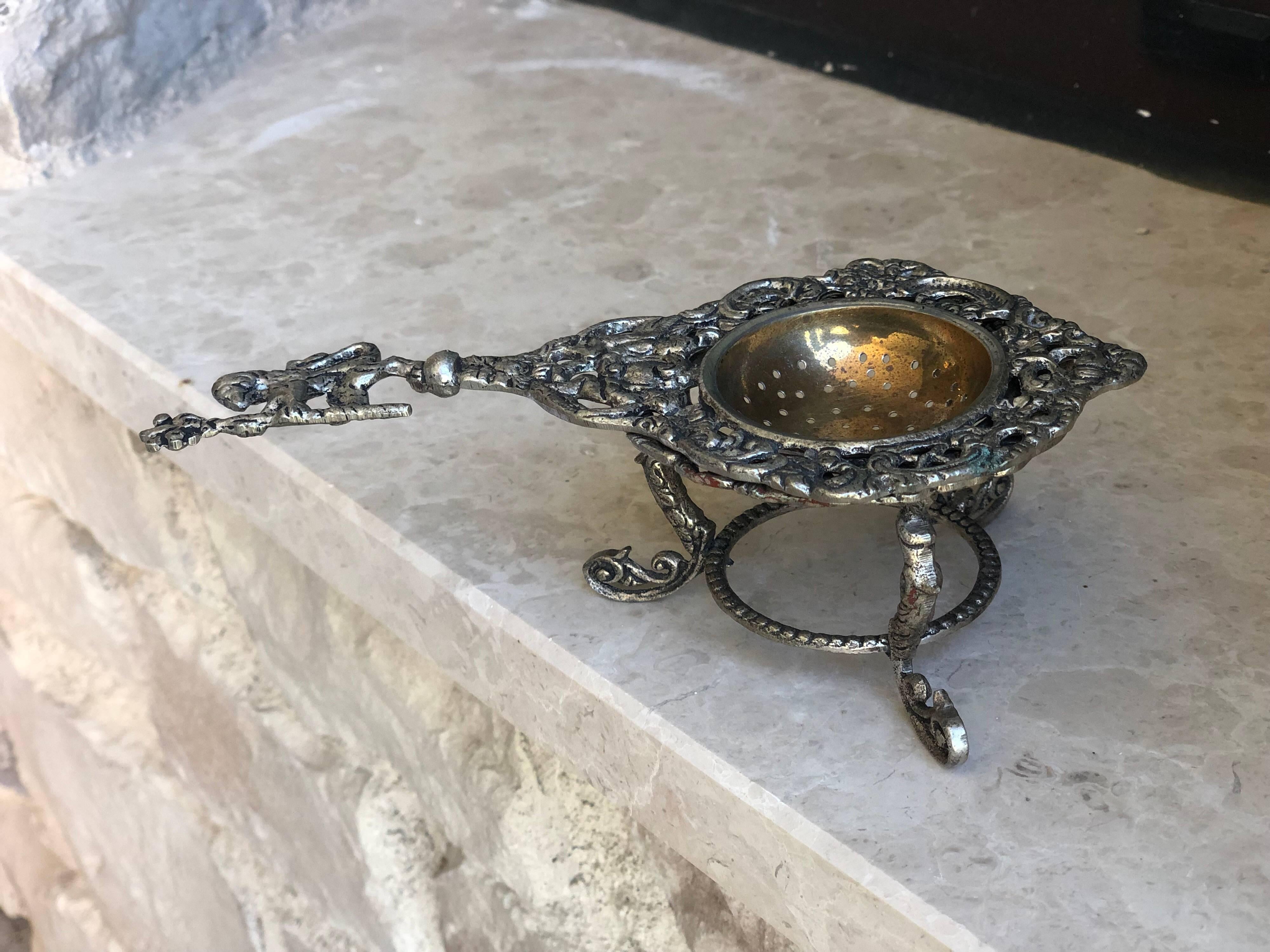 Baroque Italian Silver Tea Strainer Lion Detail