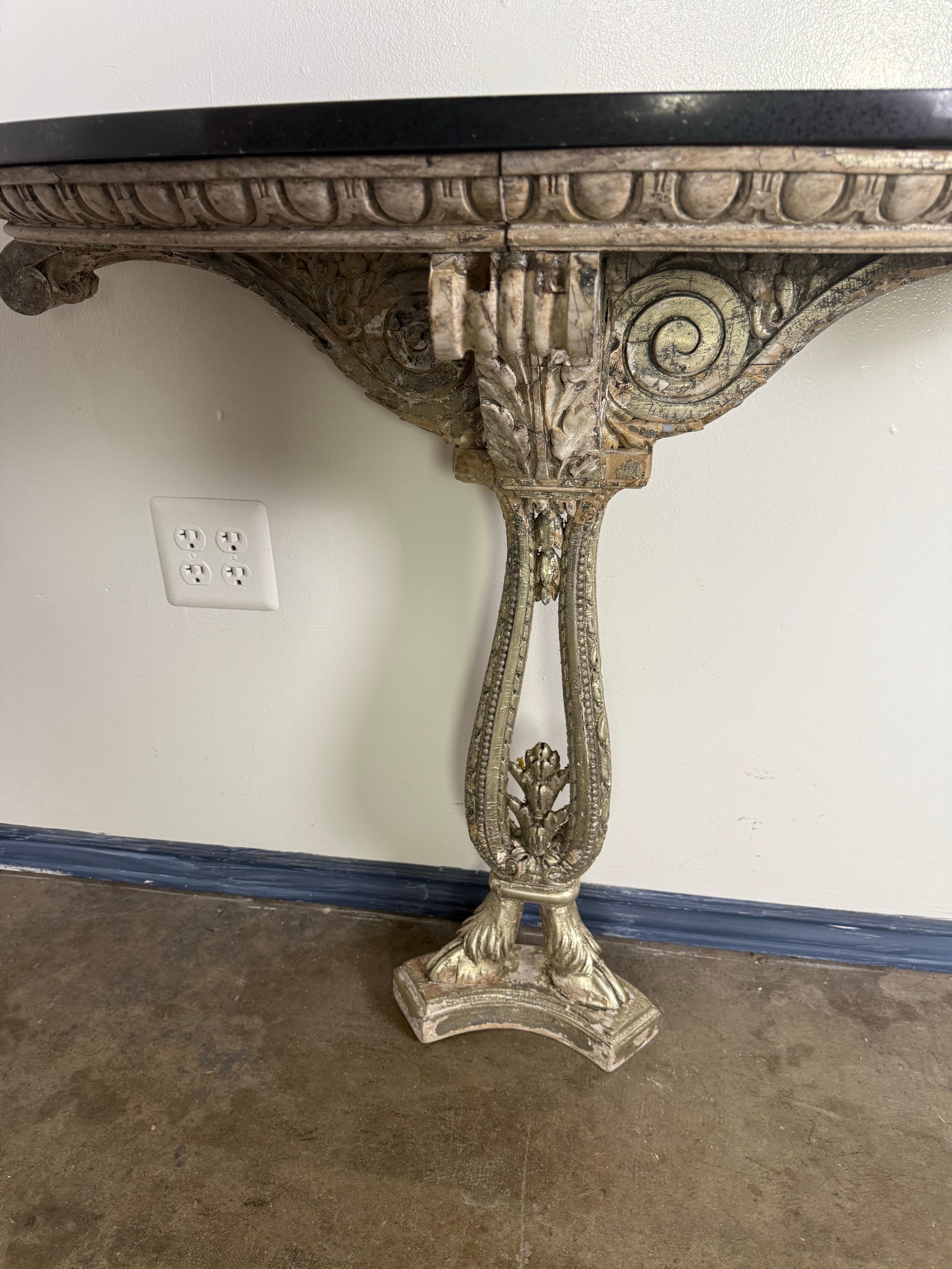 Italian Silvered Console w/ Granite Top In Distressed Condition For Sale In Los Angeles, CA