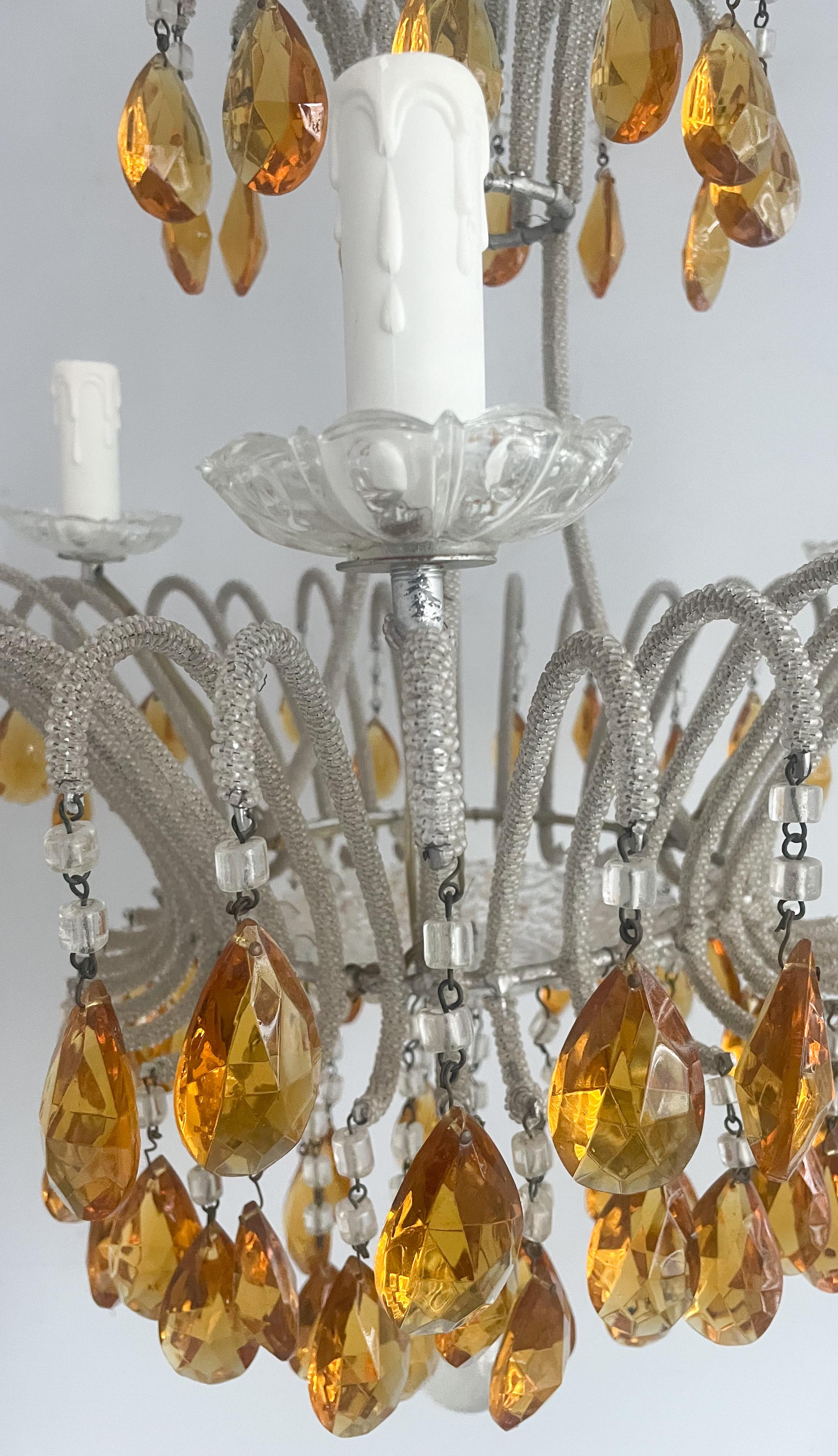 Italian Silvered Iron and Crystal Beaded Chandelier In Good Condition In Los Angeles, CA