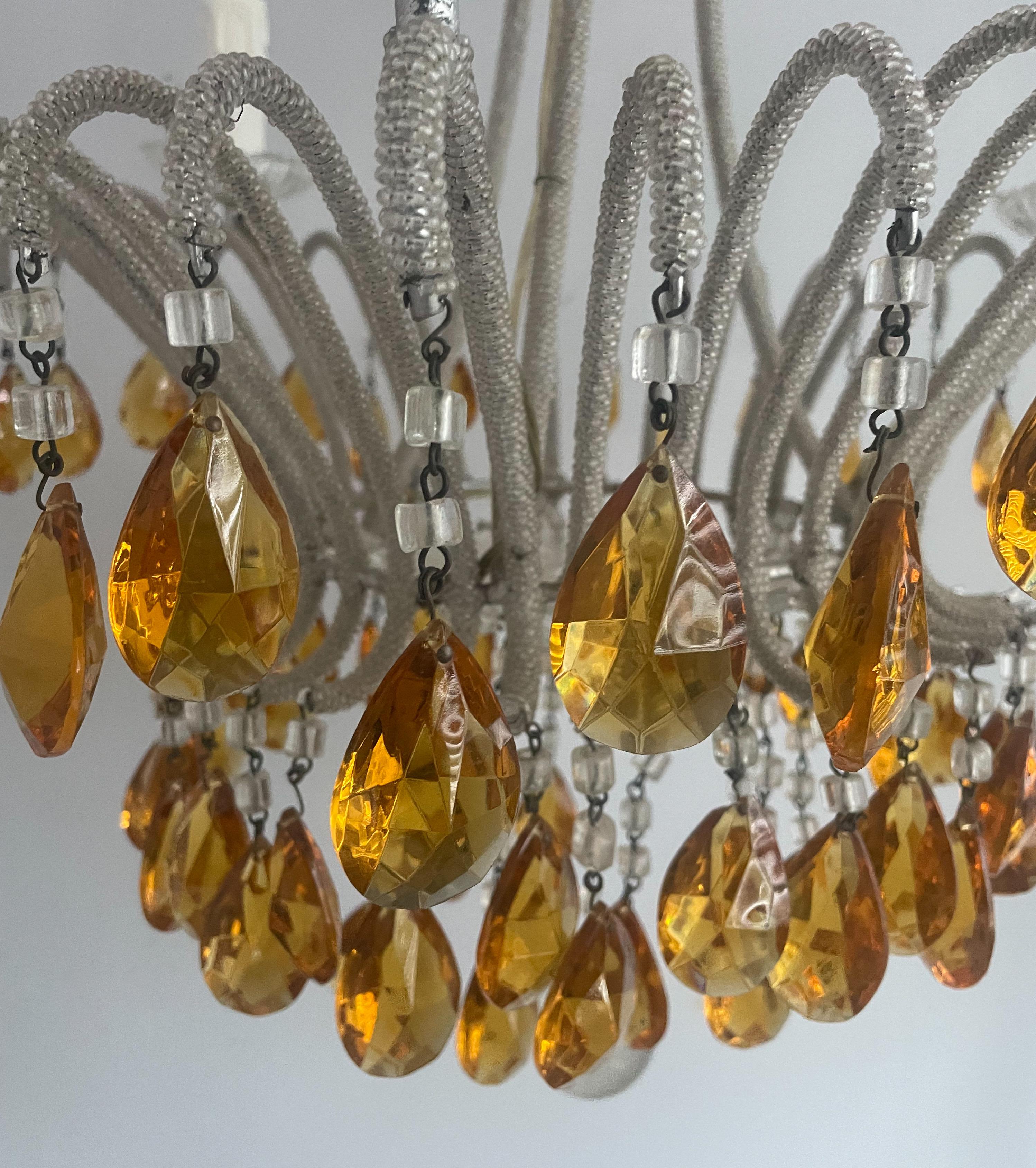 Mid-20th Century Italian Silvered Iron and Crystal Beaded Chandelier