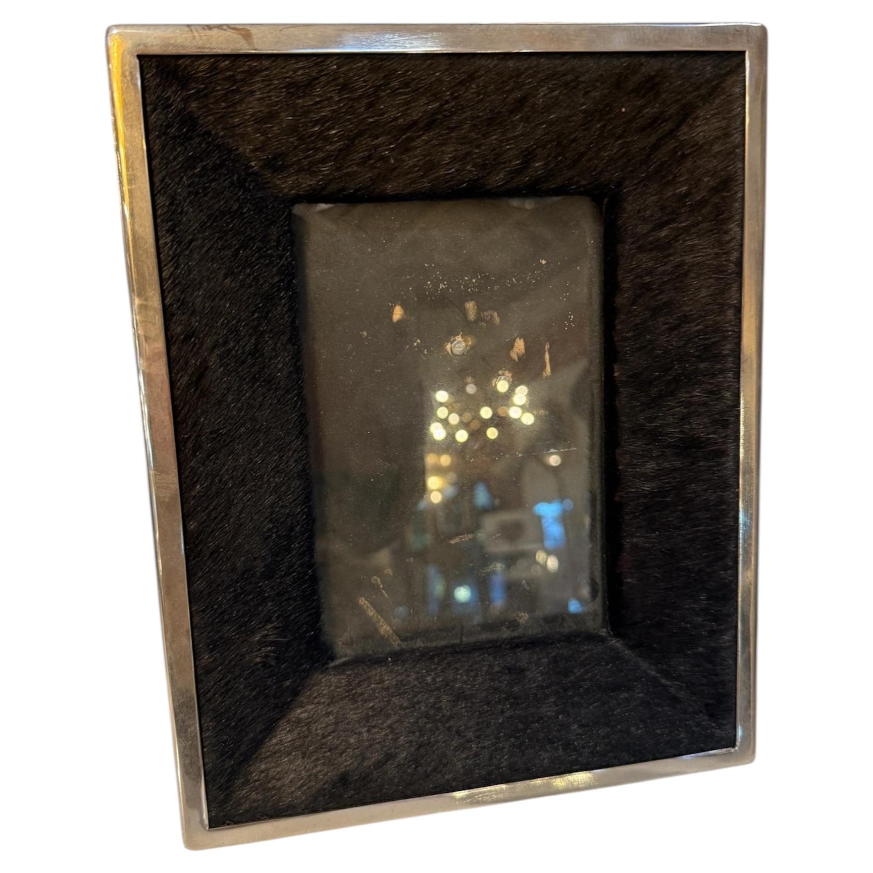 Italian Silvered Metal and Pony Hair Photo Frame, 1970s For Sale