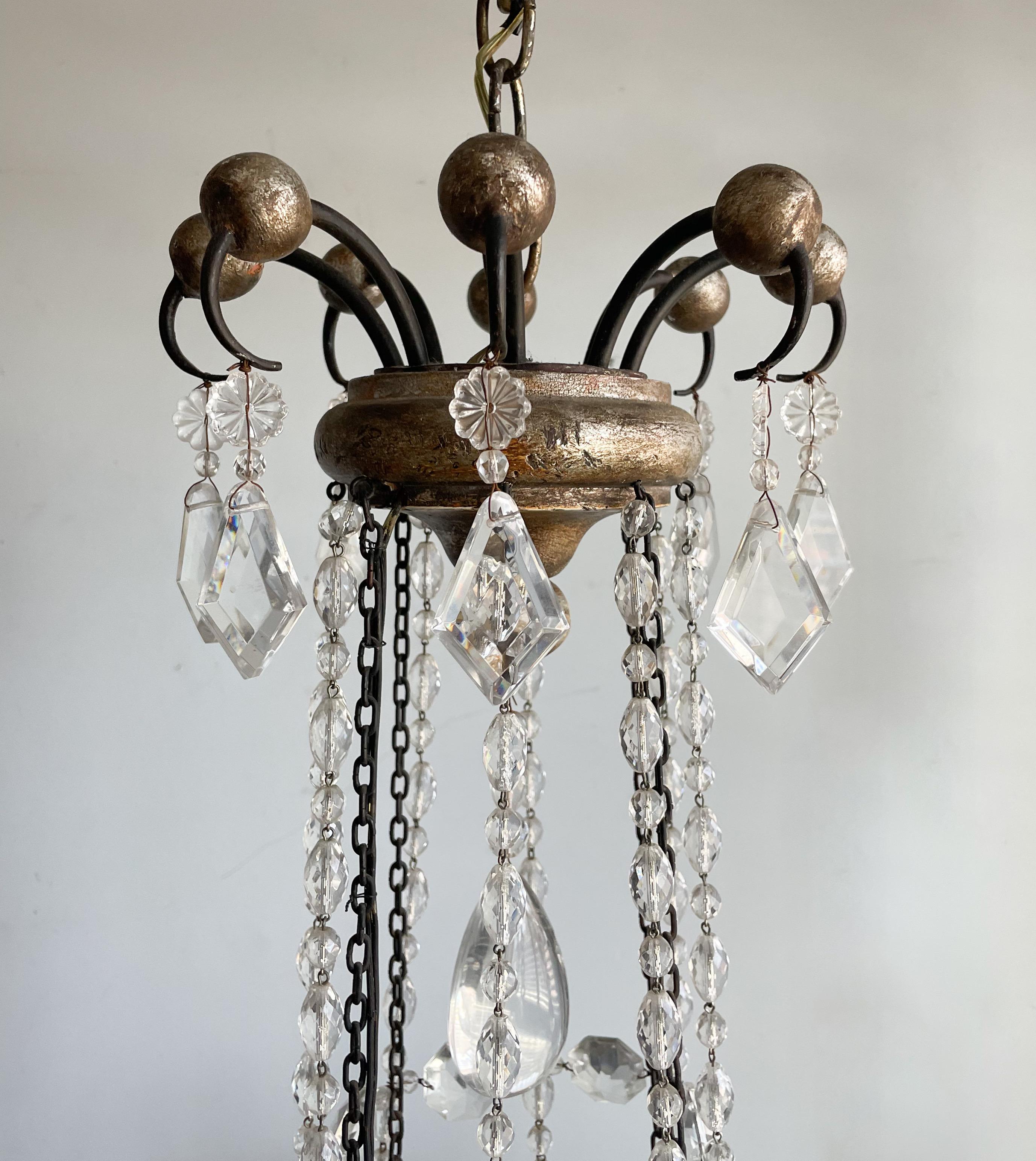 Louis XVI Italian Silvered Wood And Crystal Beaded Chandelier  For Sale