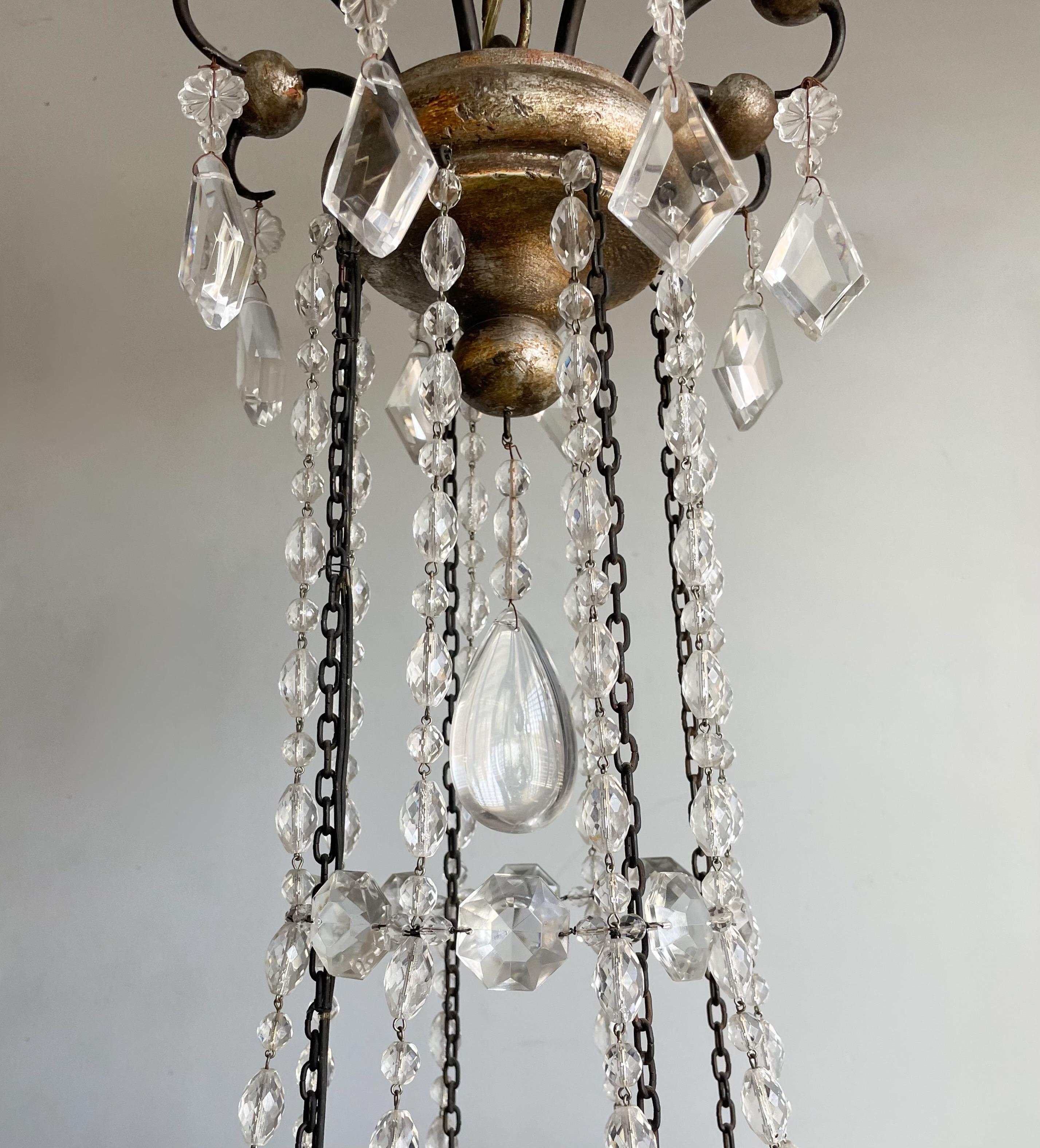 Italian Silvered Wood And Crystal Beaded Chandelier  In Good Condition For Sale In Los Angeles, CA
