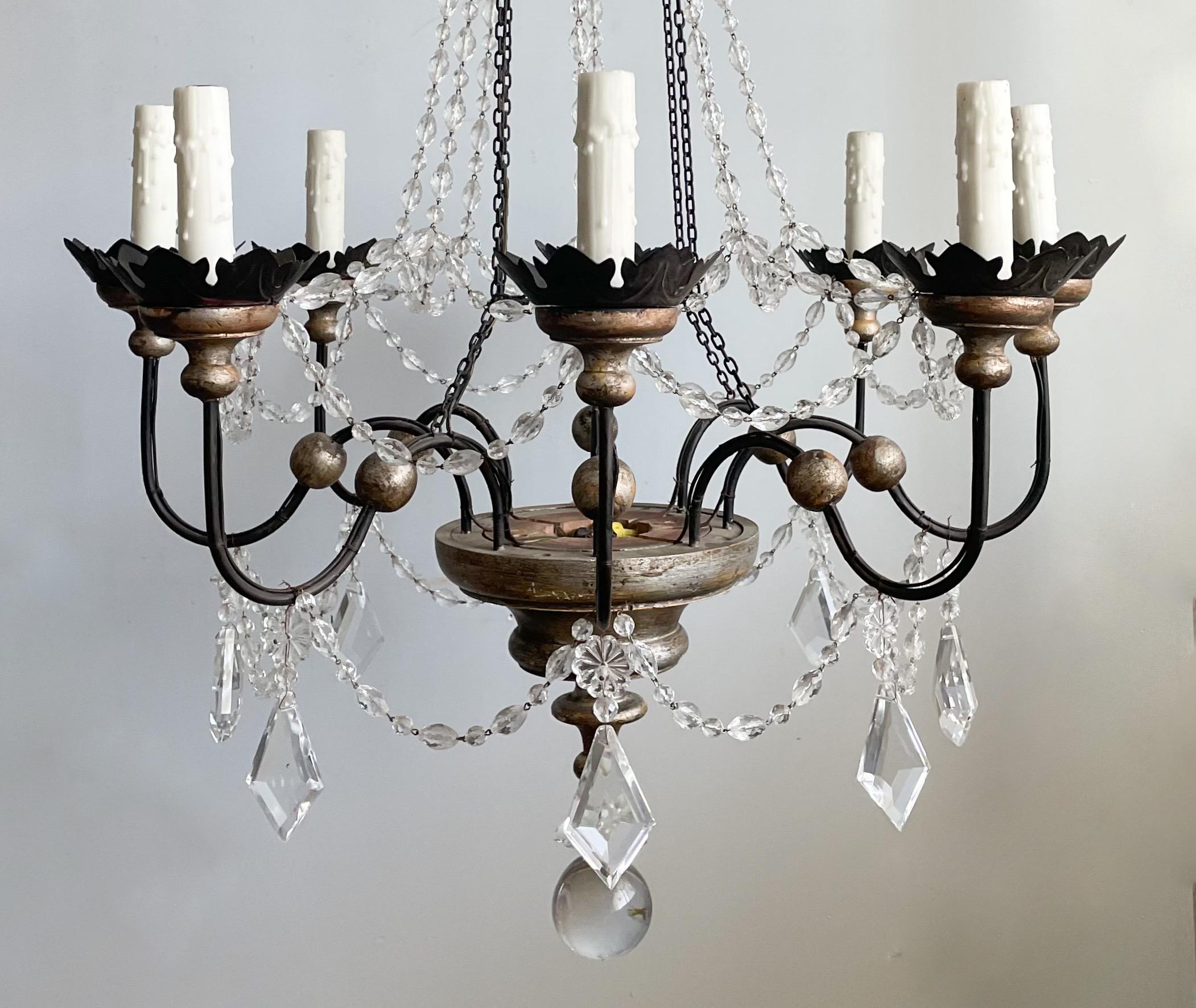 Mid-20th Century Italian Silvered Wood And Crystal Beaded Chandelier  For Sale