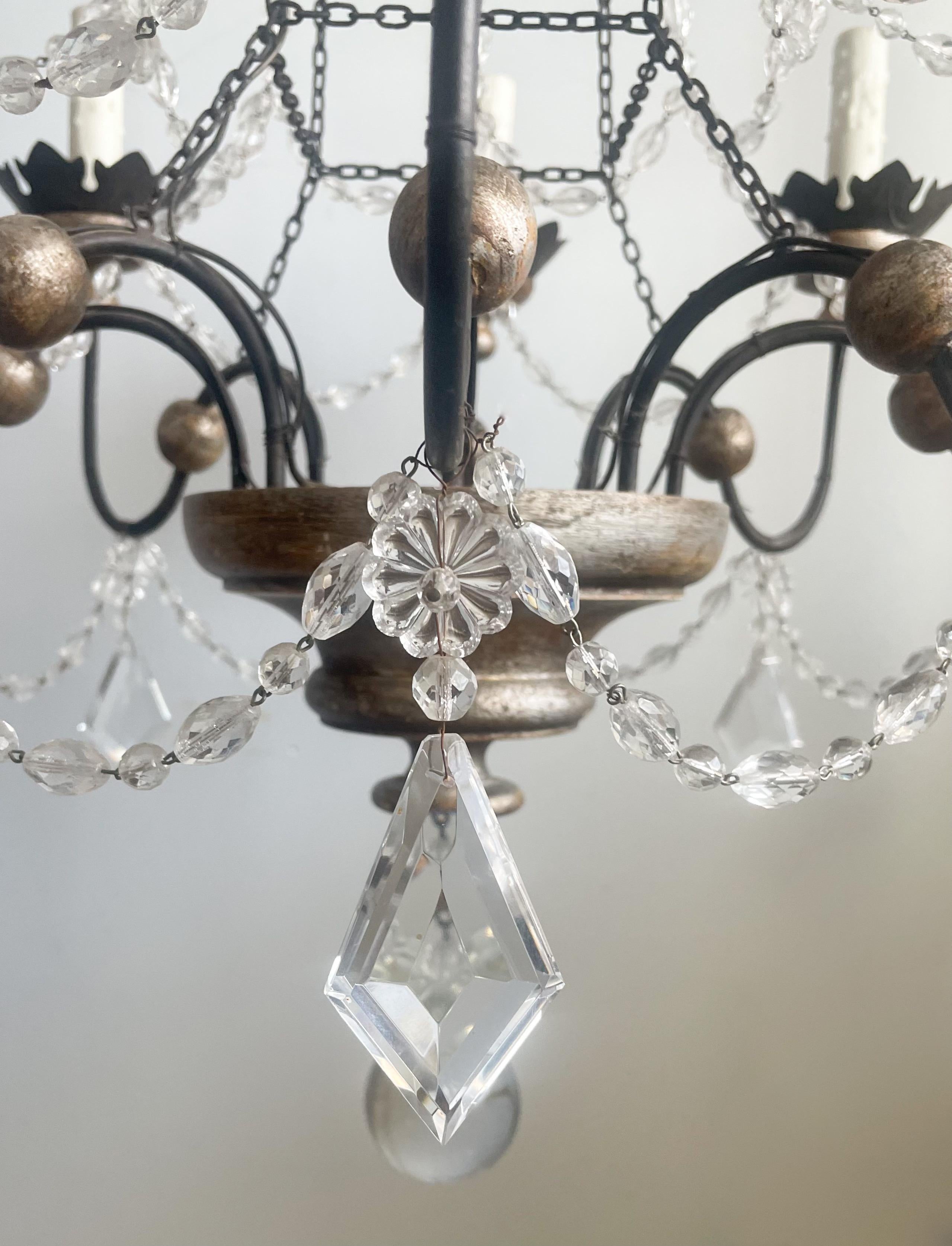 Iron Italian Silvered Wood And Crystal Beaded Chandelier  For Sale