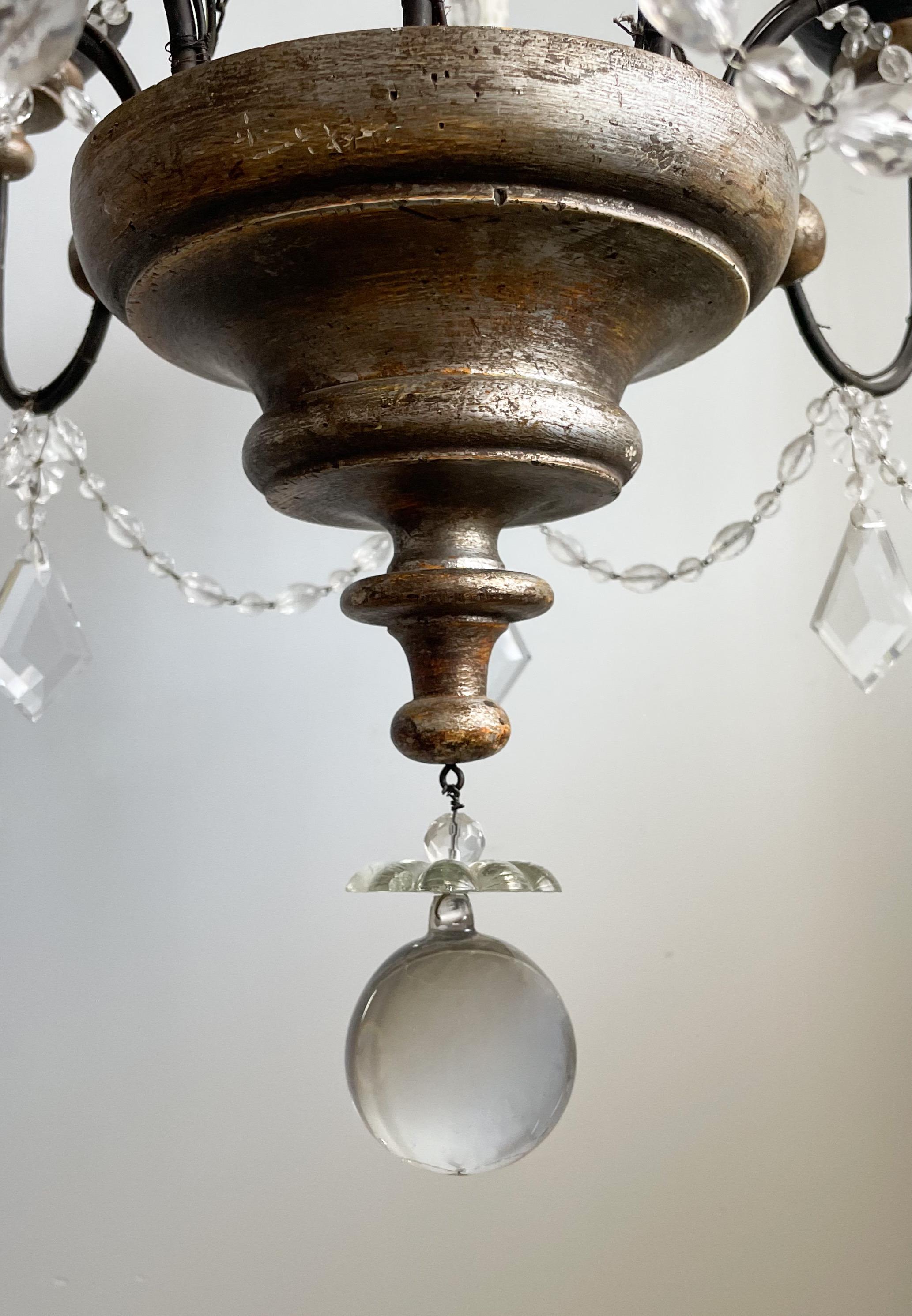 Italian Silvered Wood And Crystal Beaded Chandelier  For Sale 1