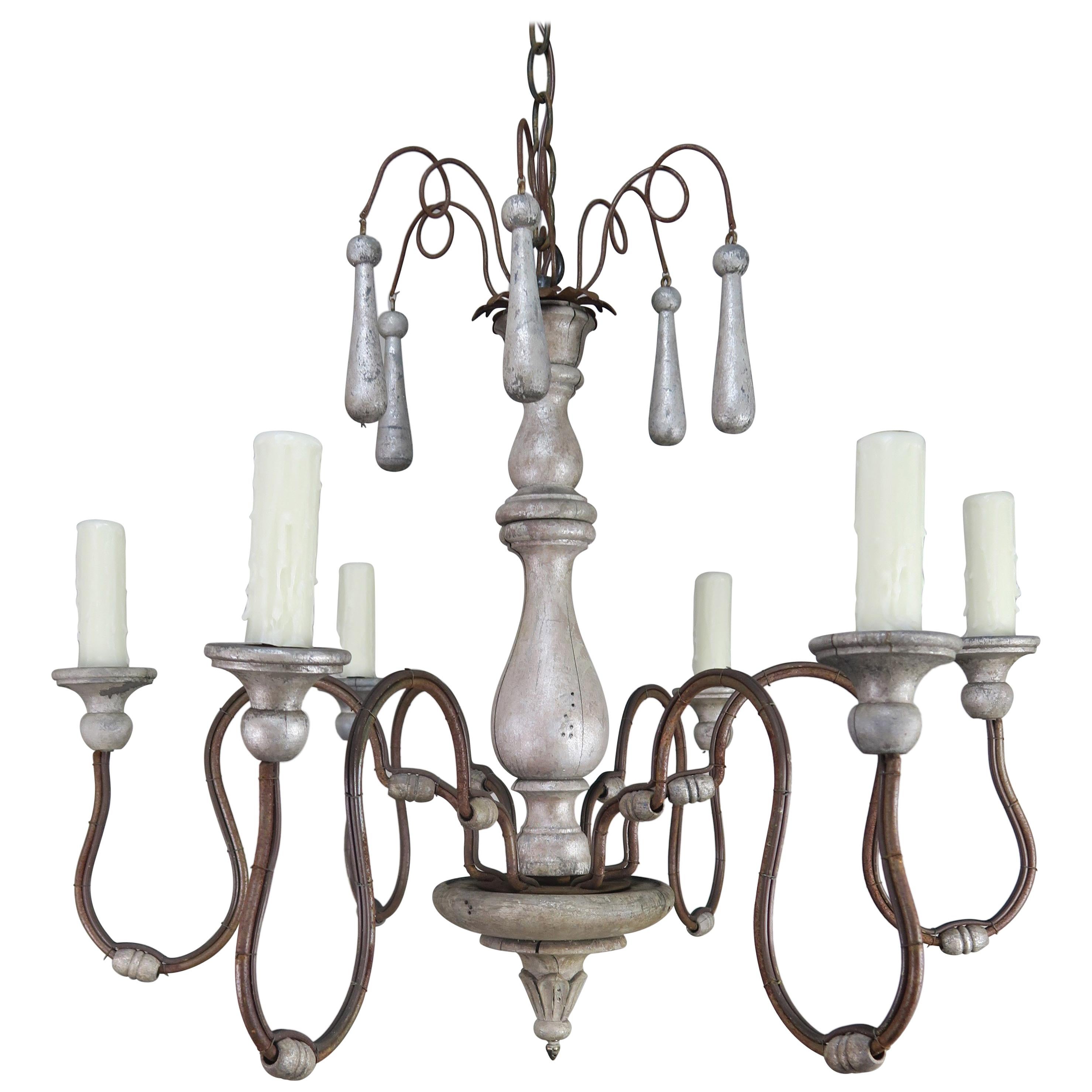 Italian Silvered Wood and Iron Chandelier with Wood Drops