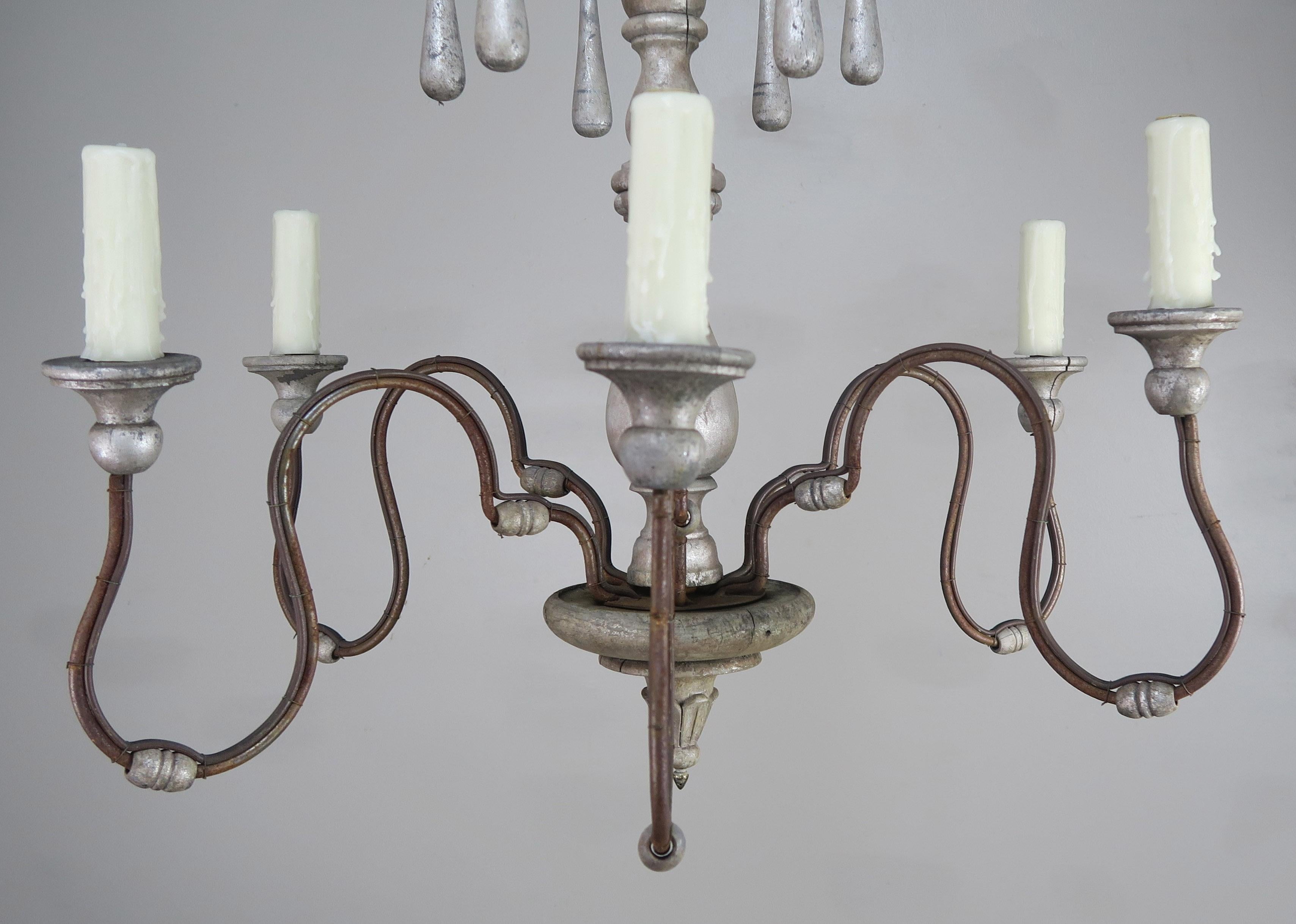 Italian Silvered Wood and Iron Chandelier with Wood Drops 1