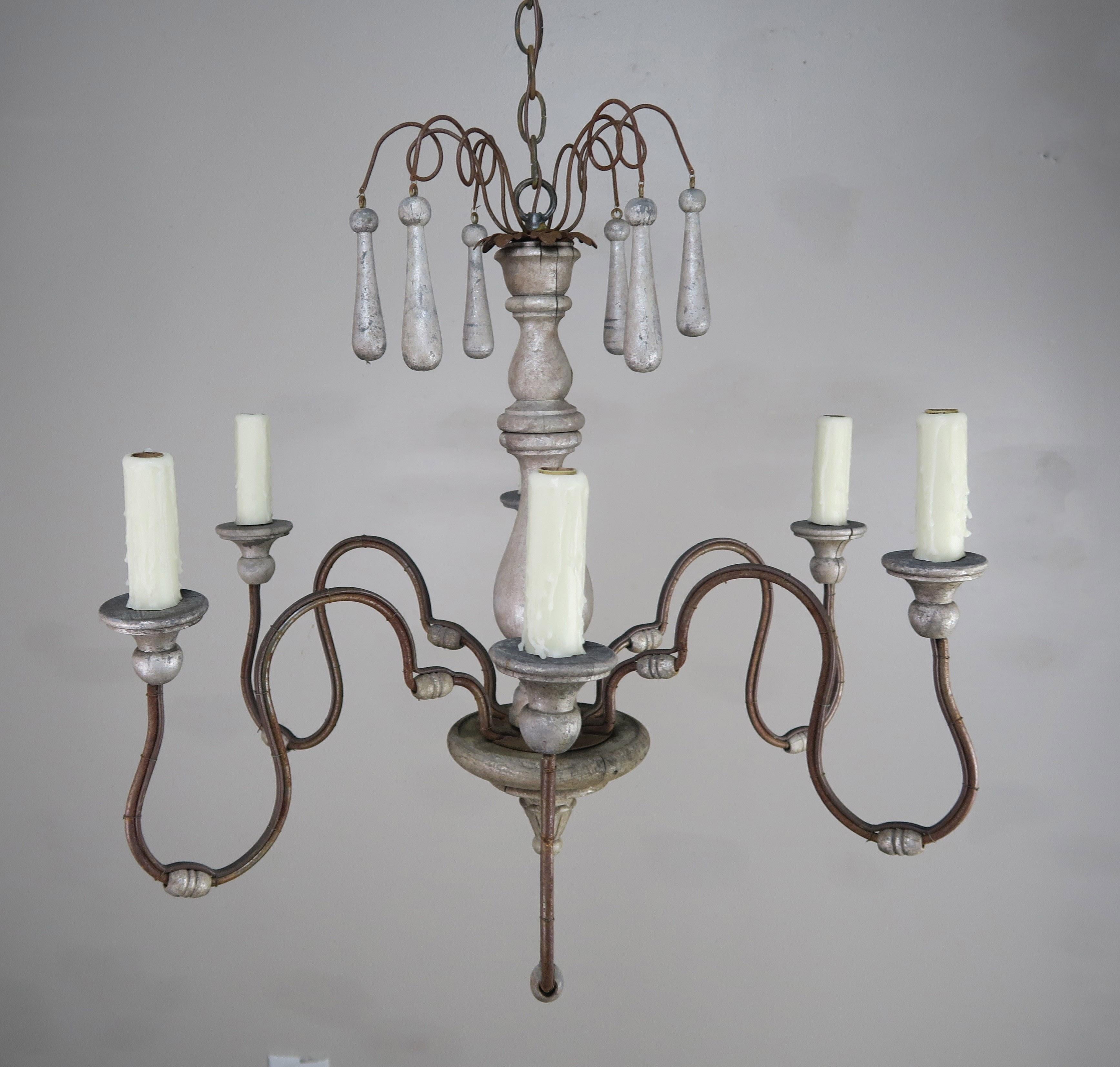 Italian Silvered Wood and Iron Chandelier with Wood Drops 3