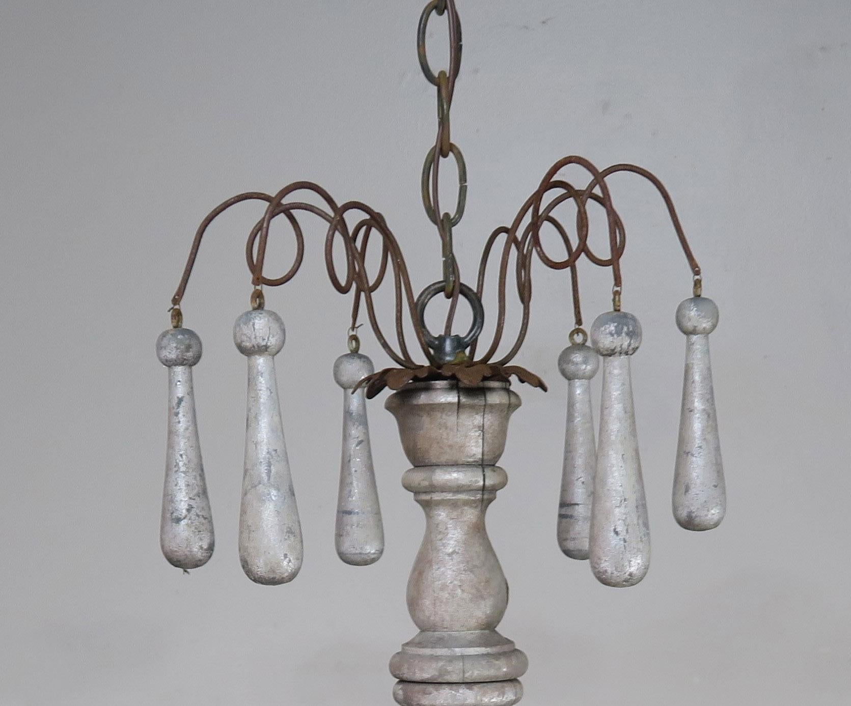 Italian Silvered Wood and Iron Chandelier with Wood Drops In Distressed Condition In Los Angeles, CA