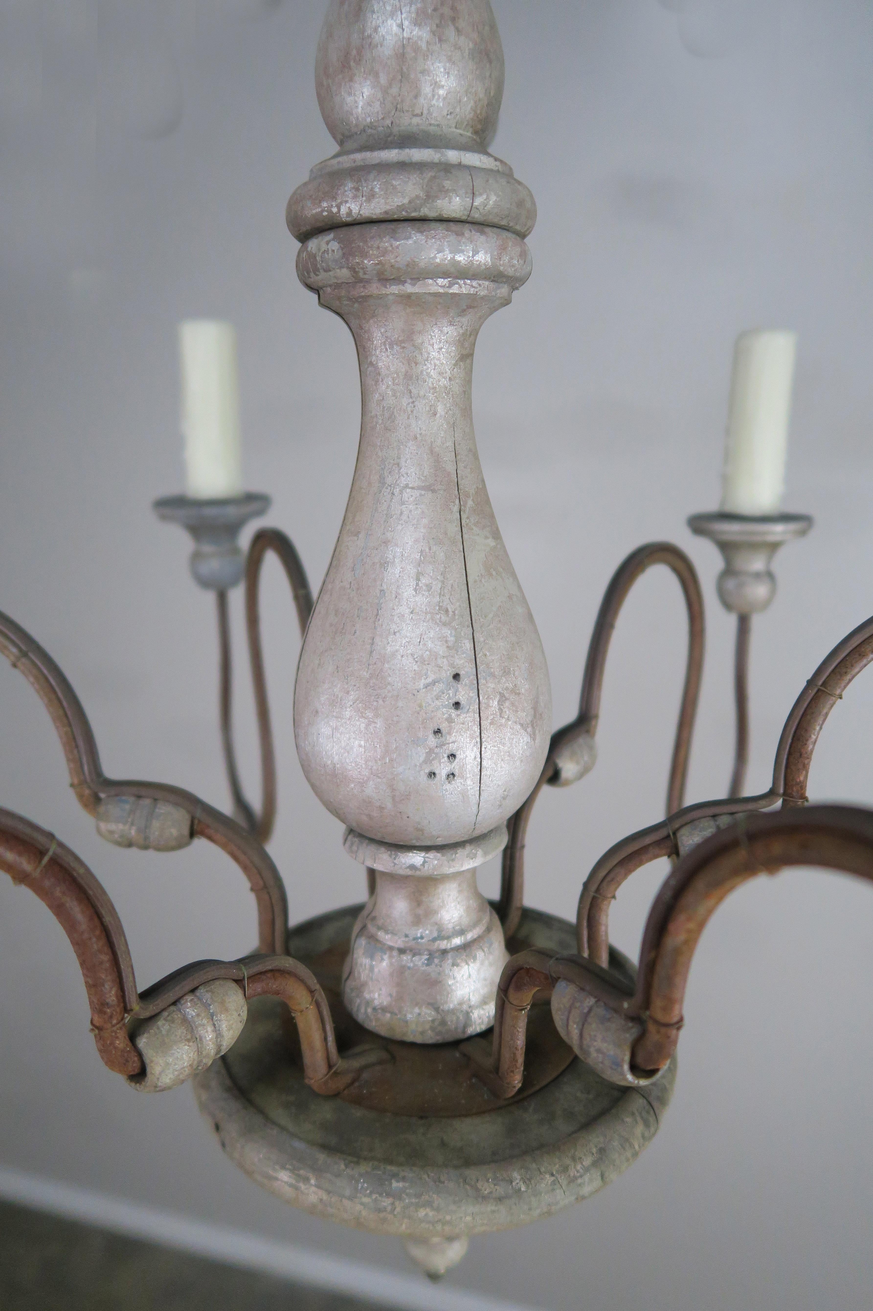 20th Century Italian Silvered Wood and Iron Chandelier with Wood Drops