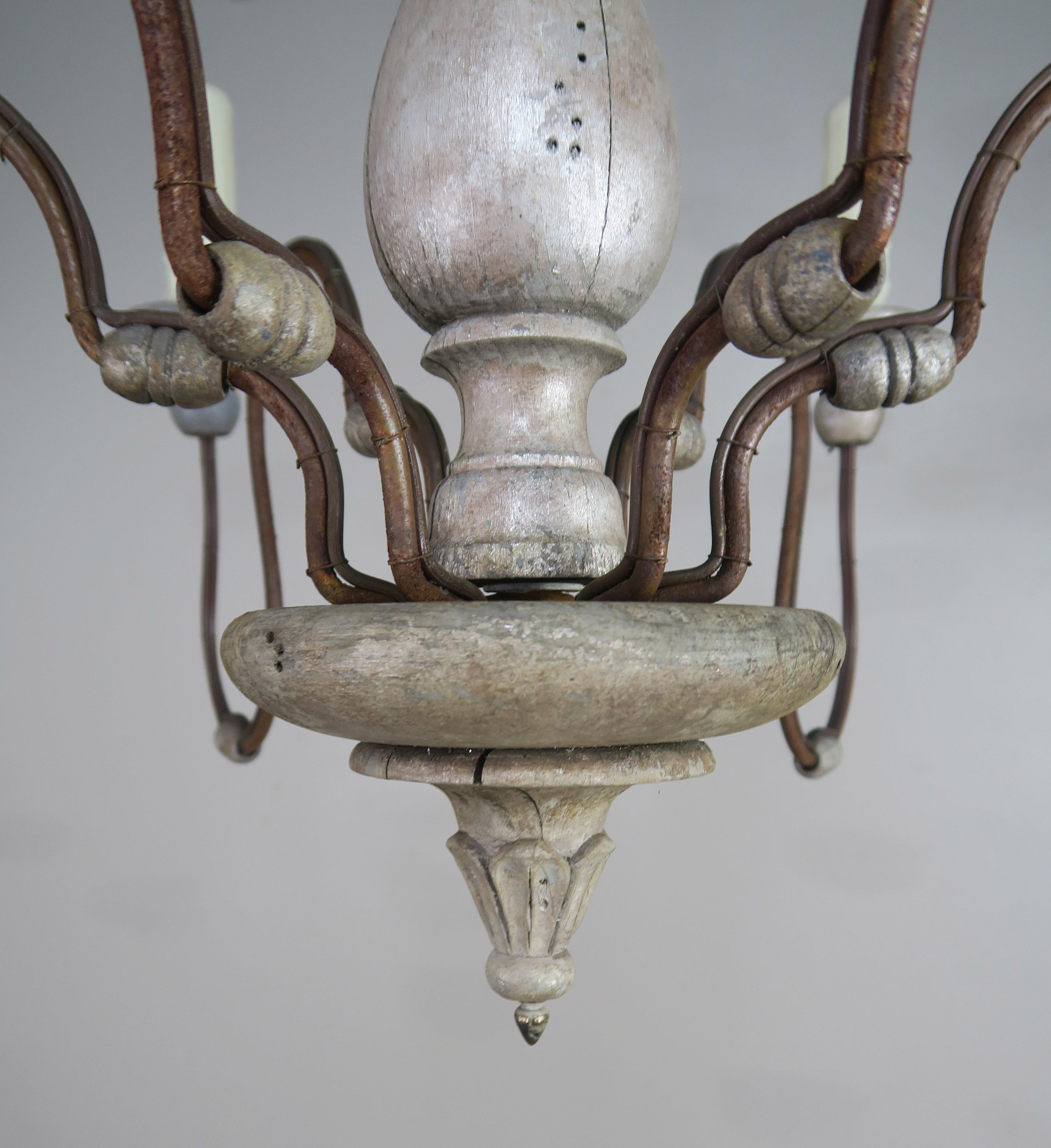 Wrought Iron Italian Silvered Wood and Iron Chandelier with Wood Drops