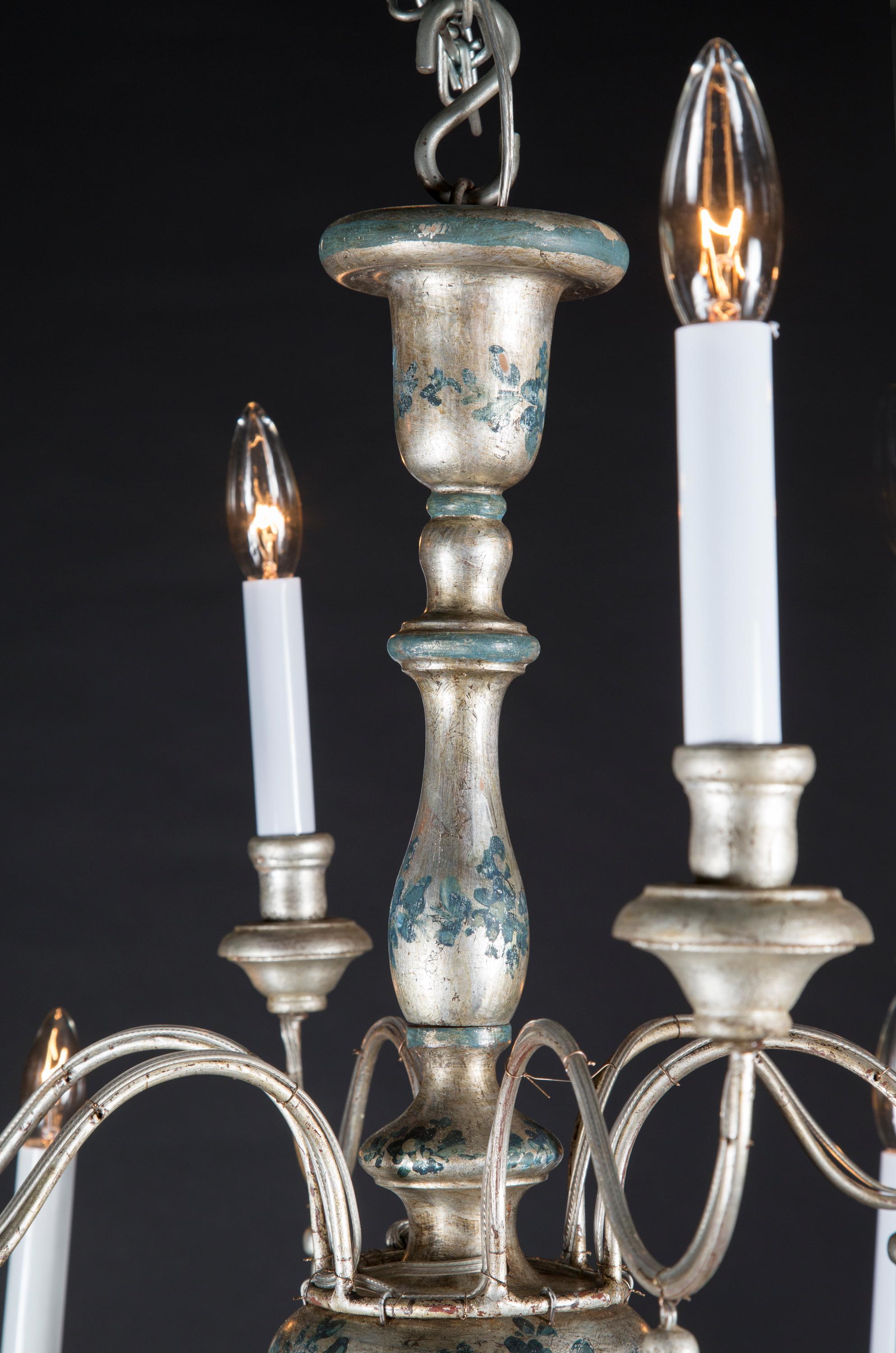 19th Century Italian Silvered Wood & Iron two Tier Chandelier For Sale