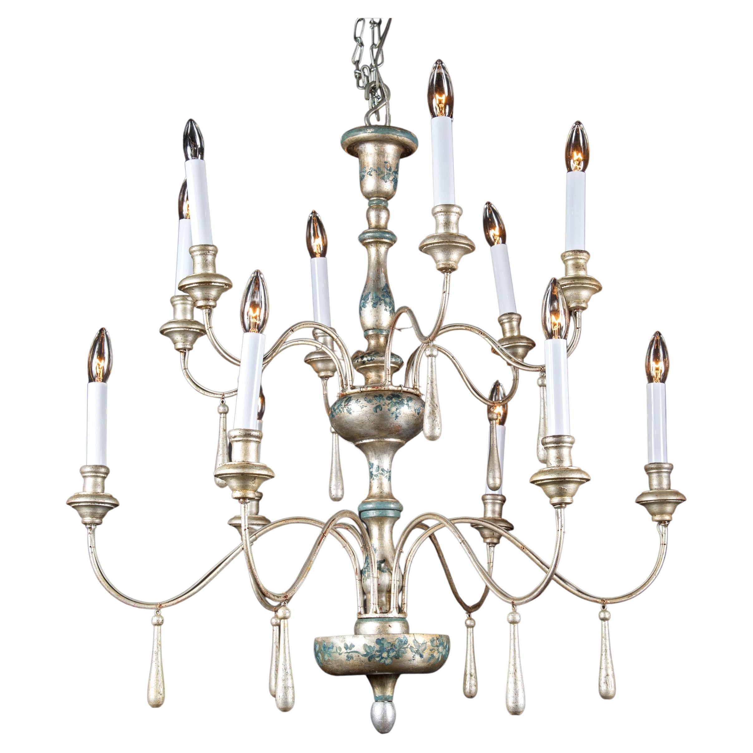 Italian Silvered Wood & Iron two Tier Chandelier For Sale