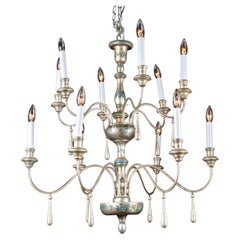 Antique Italian Silvered Wood & Iron two Tier Chandelier