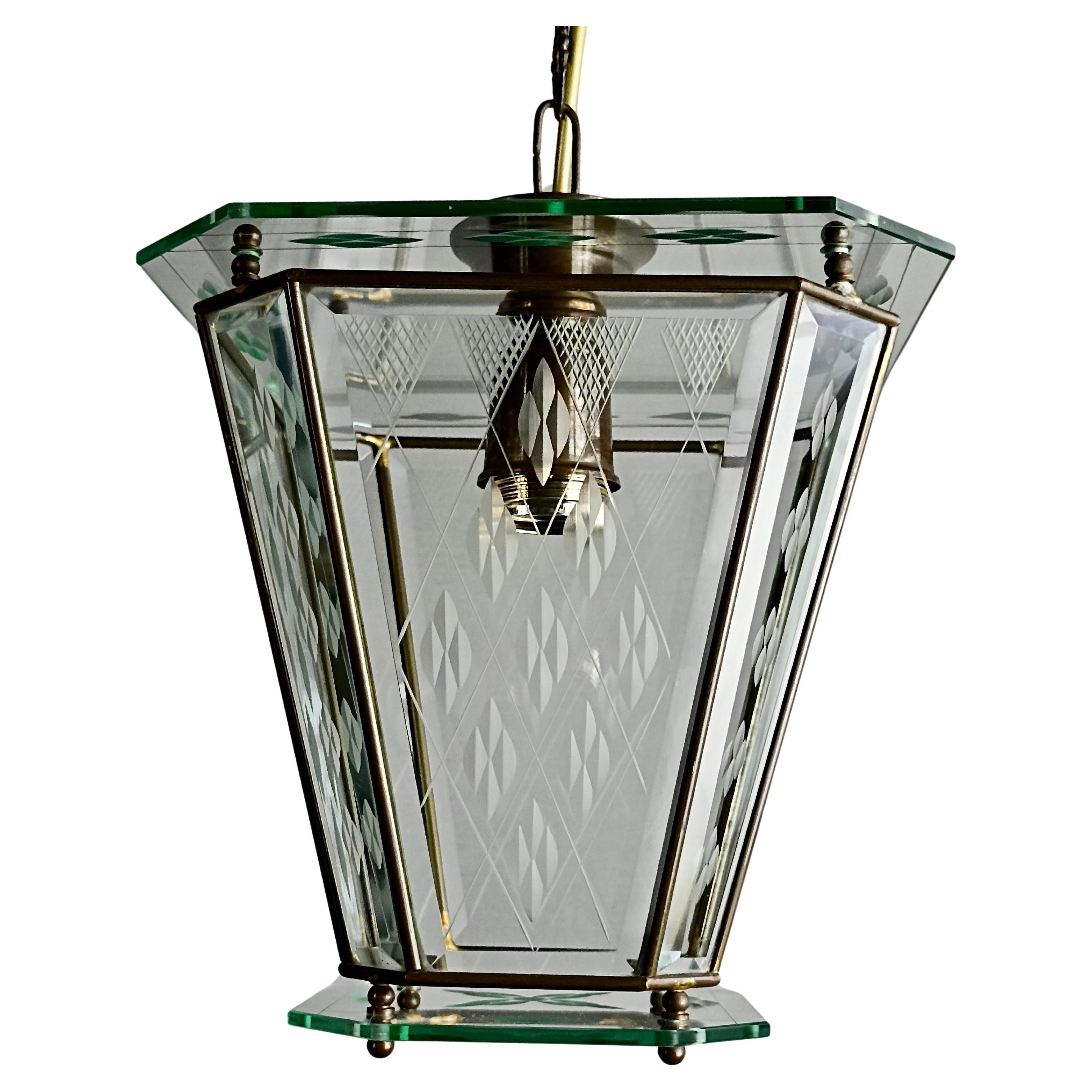 Italian single-light lantern from the 1950s. Brass frame and engraved glass. For Sale