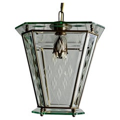 Retro Italian single-light lantern from the 1950s. Brass frame and engraved glass.