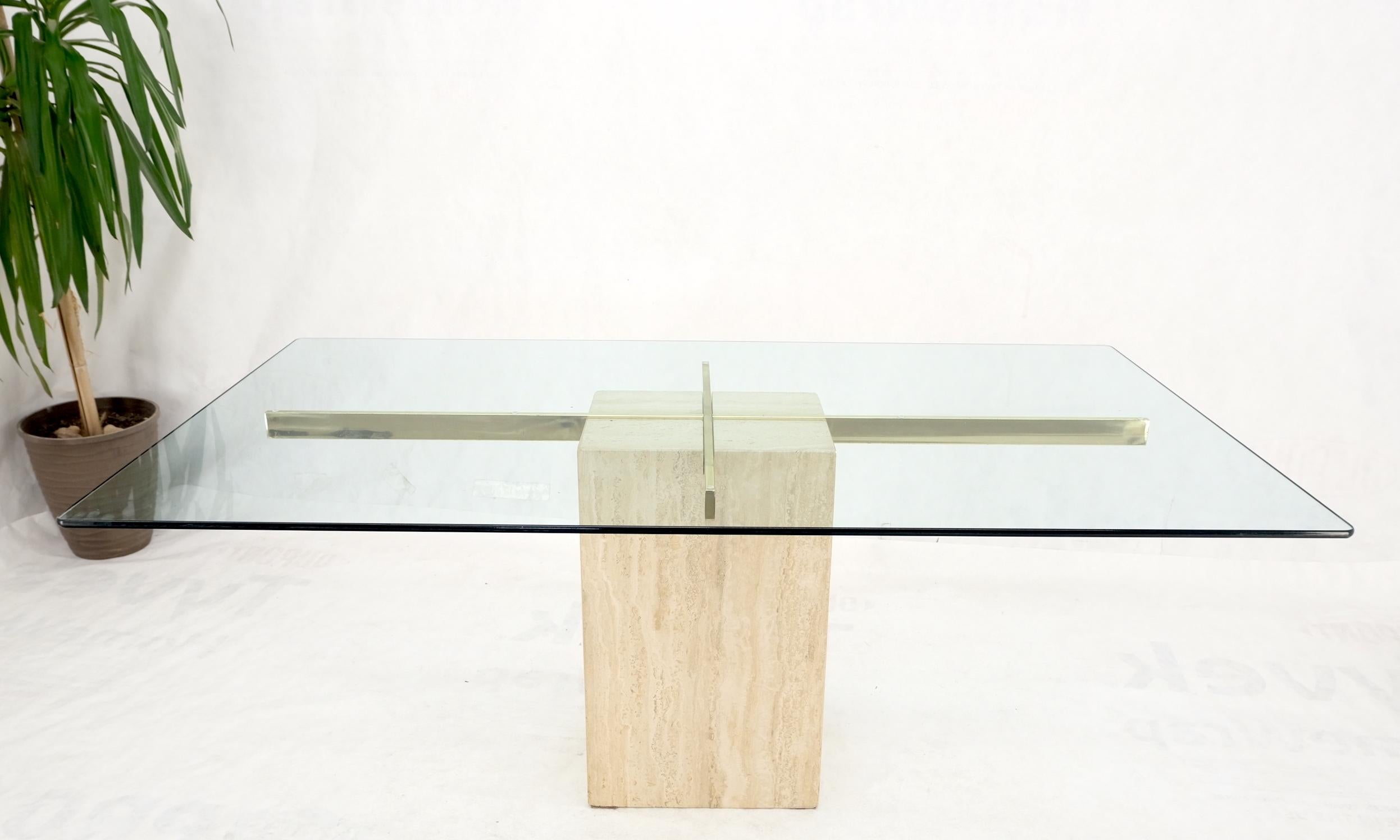 Italian Single Travertine Pedestal Glass Top Dining Conference  Table  For Sale 5