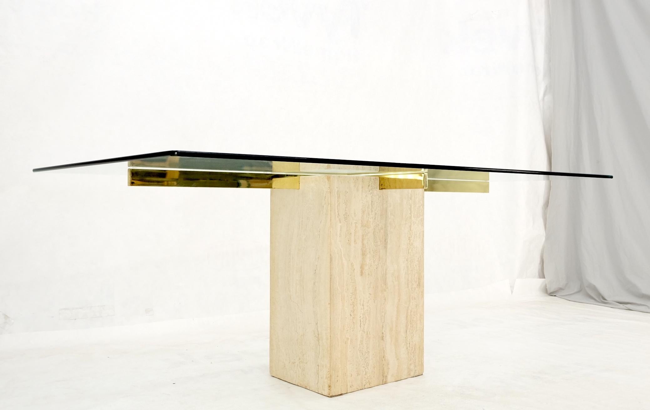 Italian Single Travertine Pedestal Glass Top Dining Conference  Table  For Sale 6