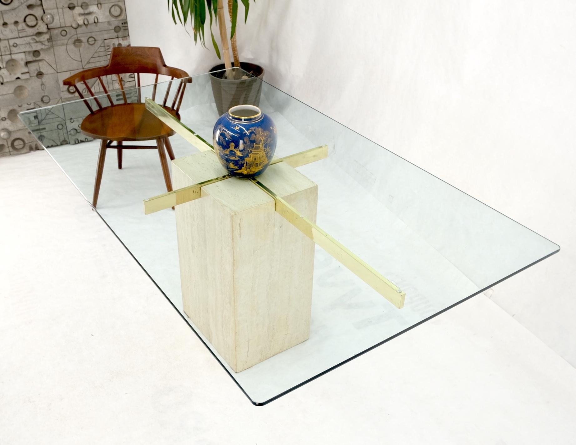 Italian Single Travertine Pedestal Glass Top Dining Conference  Table  For Sale 7