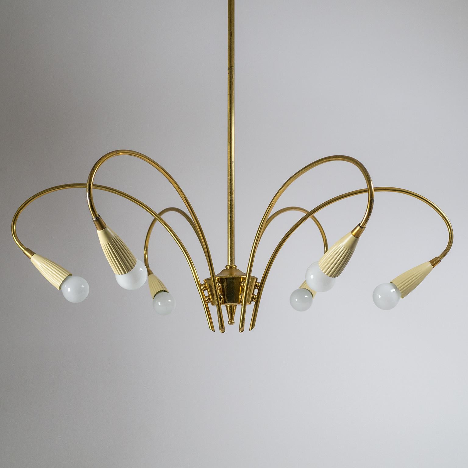 Aluminum Italian Six-Arm Brass Chandelier, circa 1950