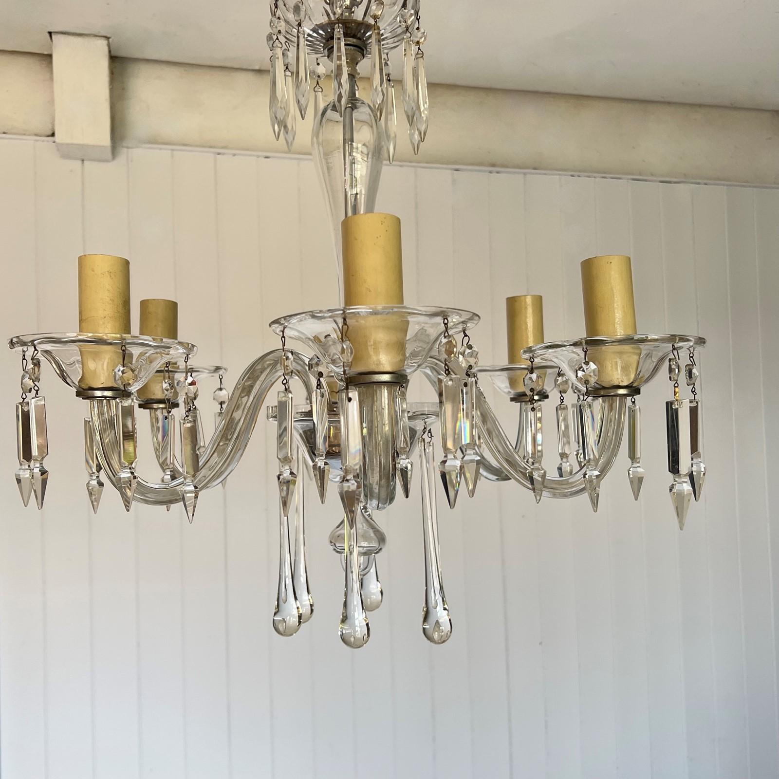 Metallo Lampadario italiano a sei bracci in cristallo di Murano in vendita