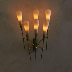 Italian Six-Arm Pale Green Sconce with Opaline Glass, 1950s