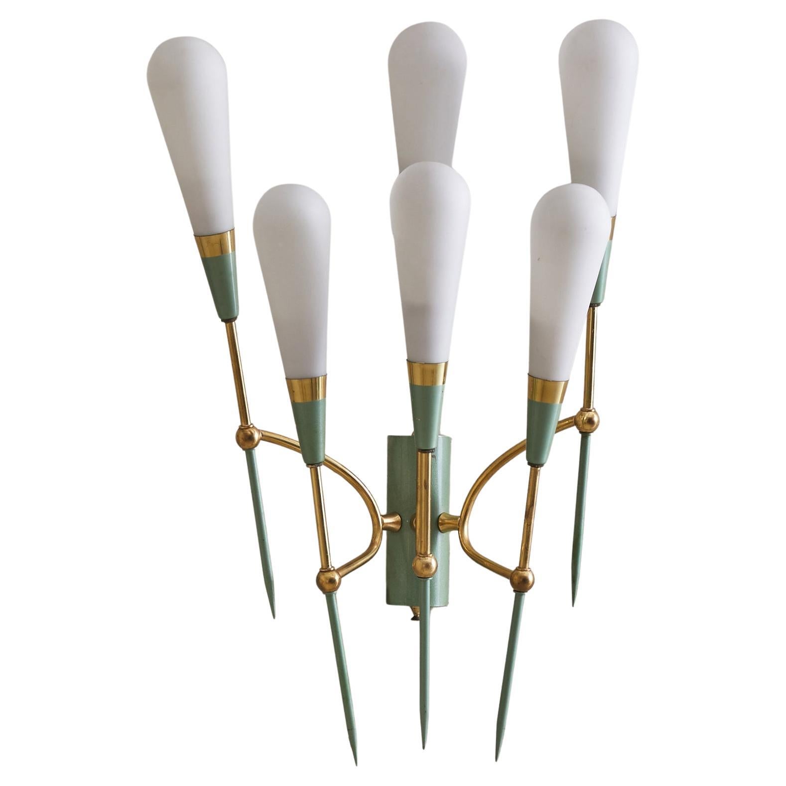 Italian Six-Arm Pale Green Sconce with Opaline Glass, 1950s en venta