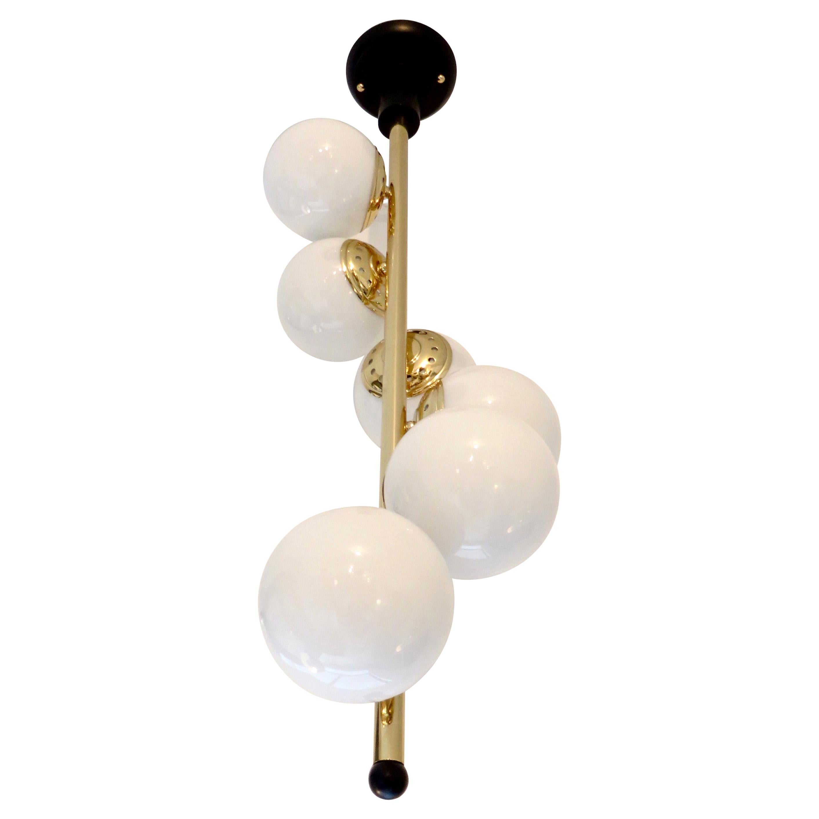 Italian Six-Light Brass and Glass Chandelier with Opaque White Globes