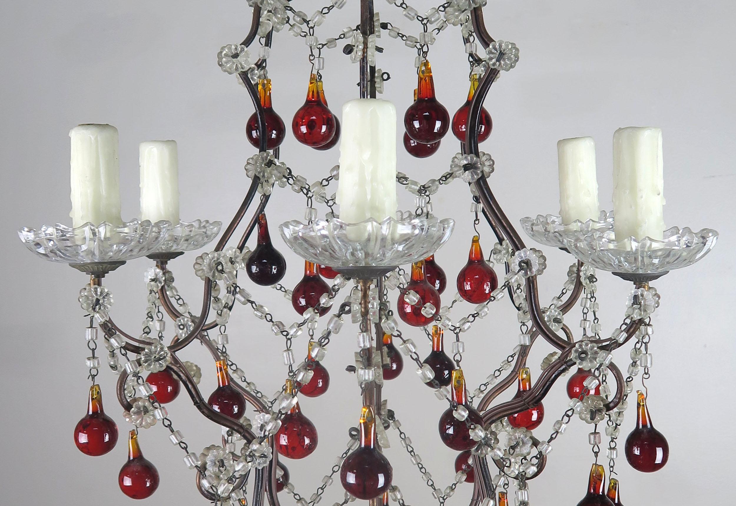 Italian Six-Light Crystal Beaded Chandelier with Vibrant Colored Drops 5