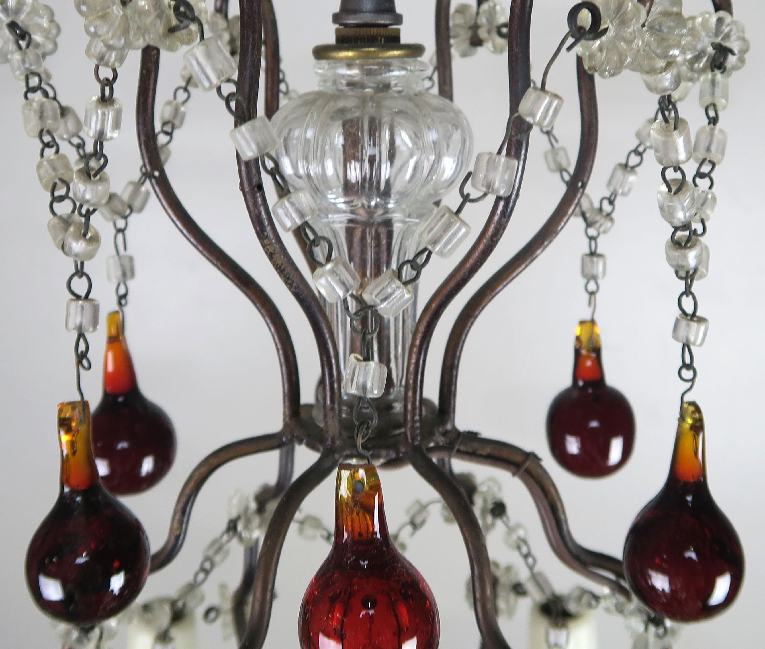 Italian Six-Light Crystal Beaded Chandelier with Vibrant Colored Drops 6