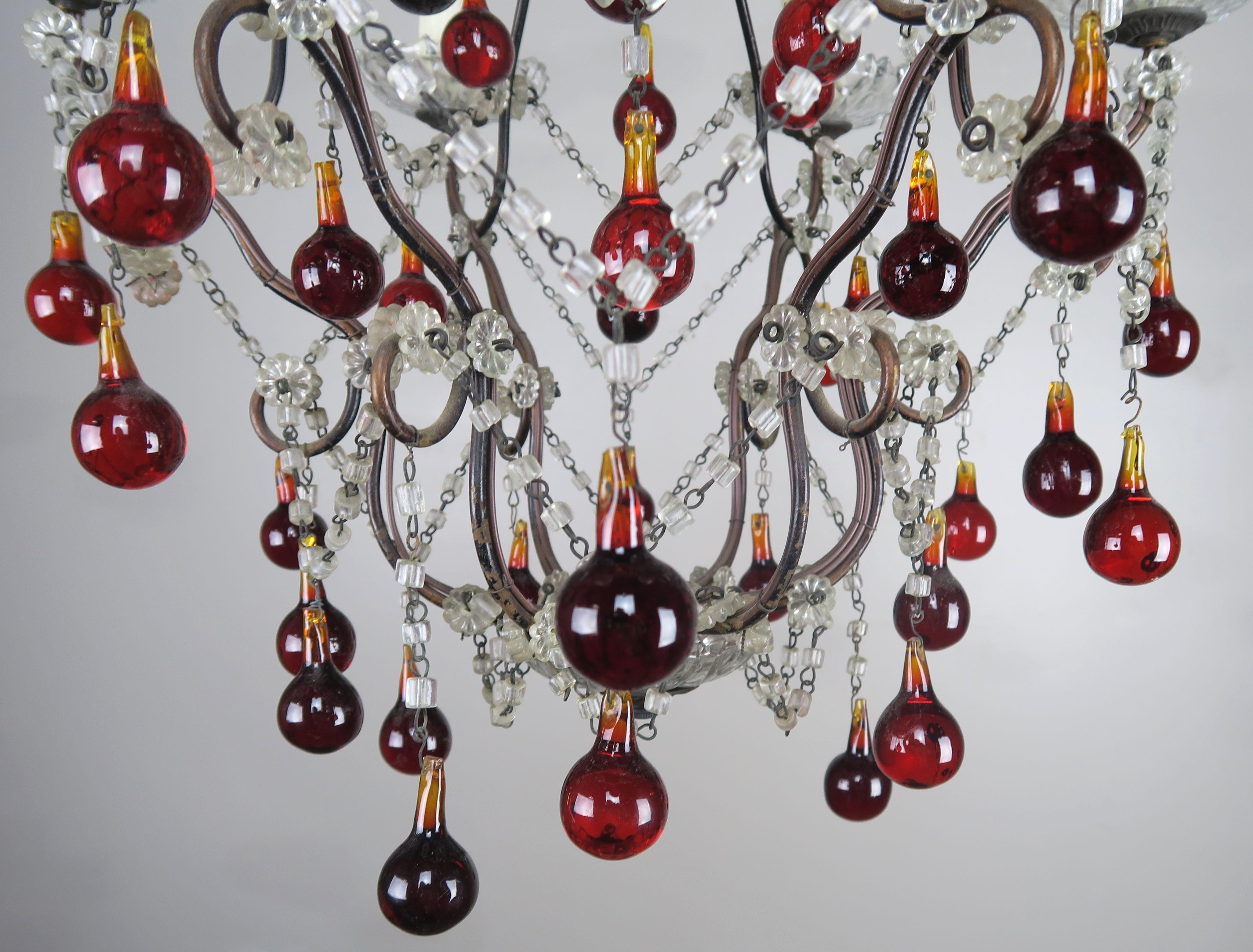 Rococo Italian Six-Light Crystal Beaded Chandelier with Vibrant Colored Drops