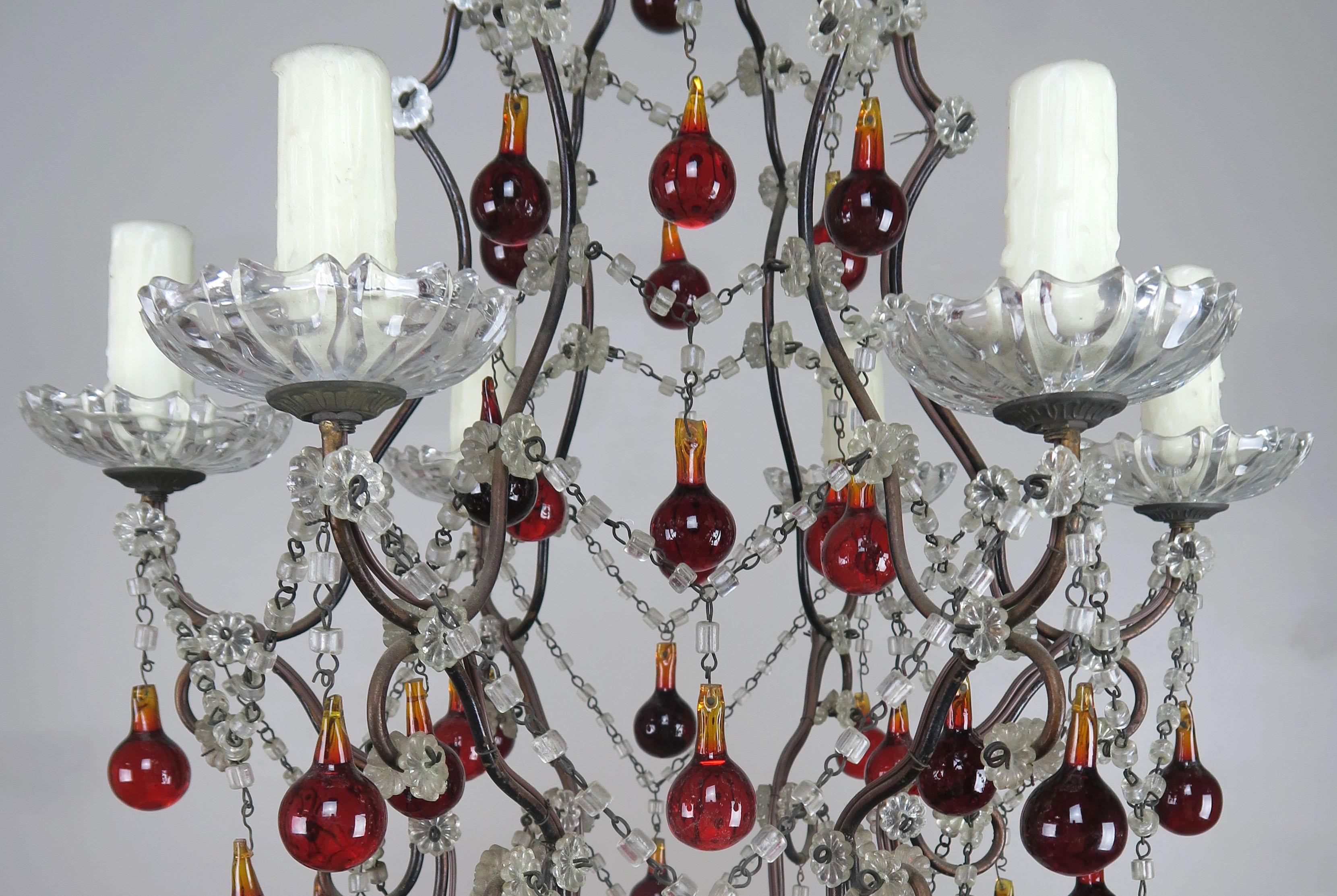 Italian Six-Light Crystal Beaded Chandelier with Vibrant Colored Drops In Excellent Condition In Los Angeles, CA