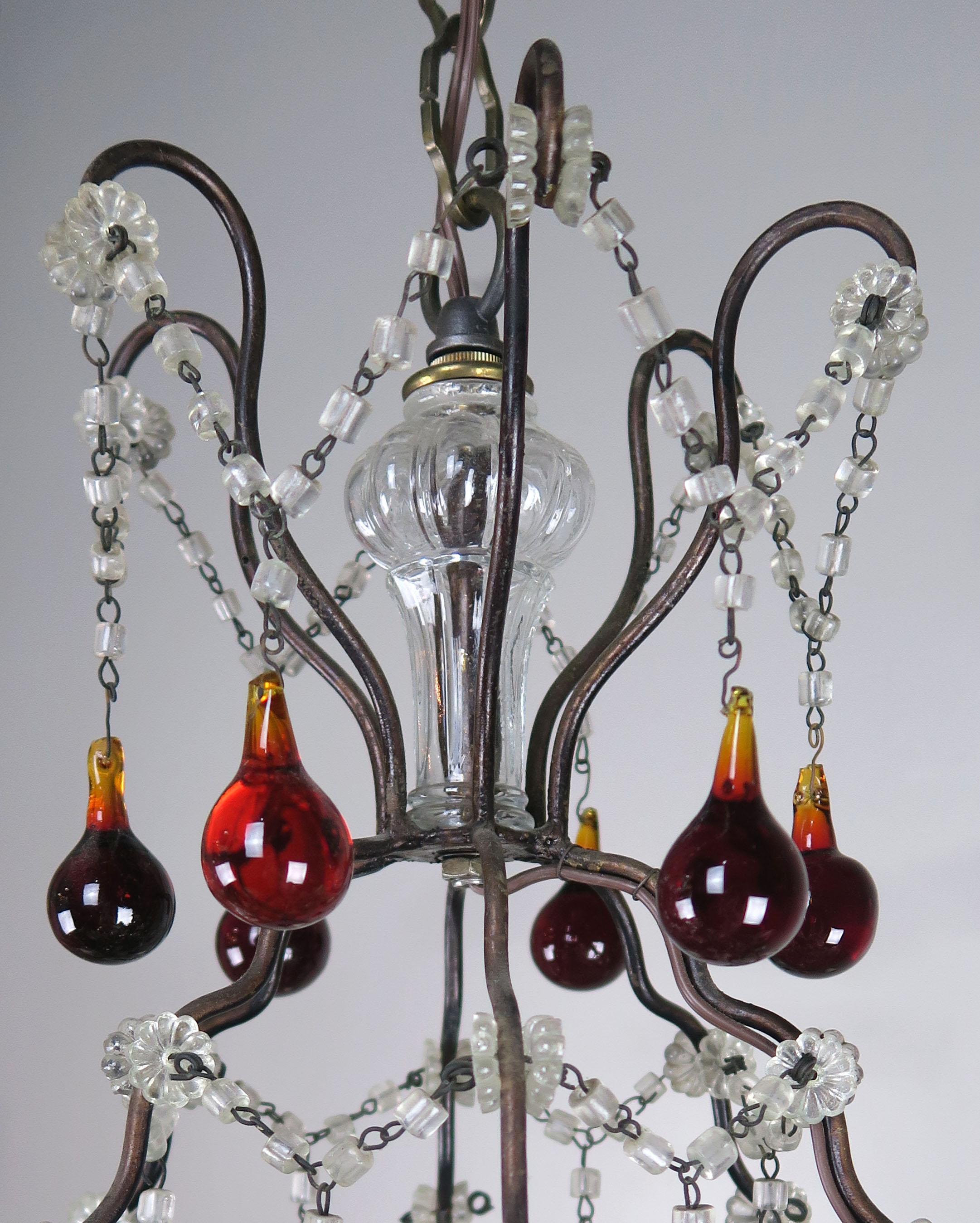 Mid-20th Century Italian Six-Light Crystal Beaded Chandelier with Vibrant Colored Drops